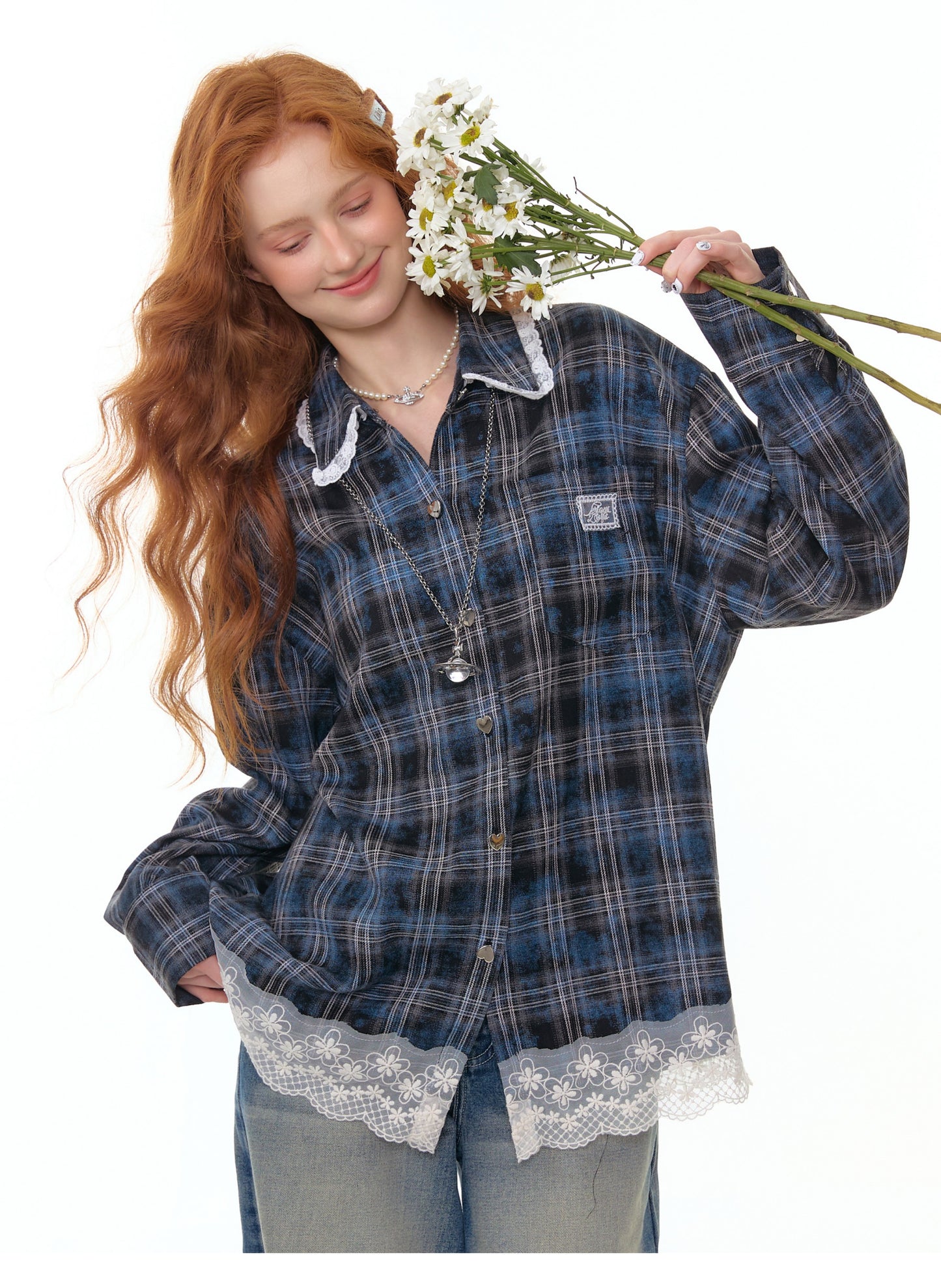 ZiziFei - Vintage-Inspired Plaid Shirt with Ruffle Lace Trim