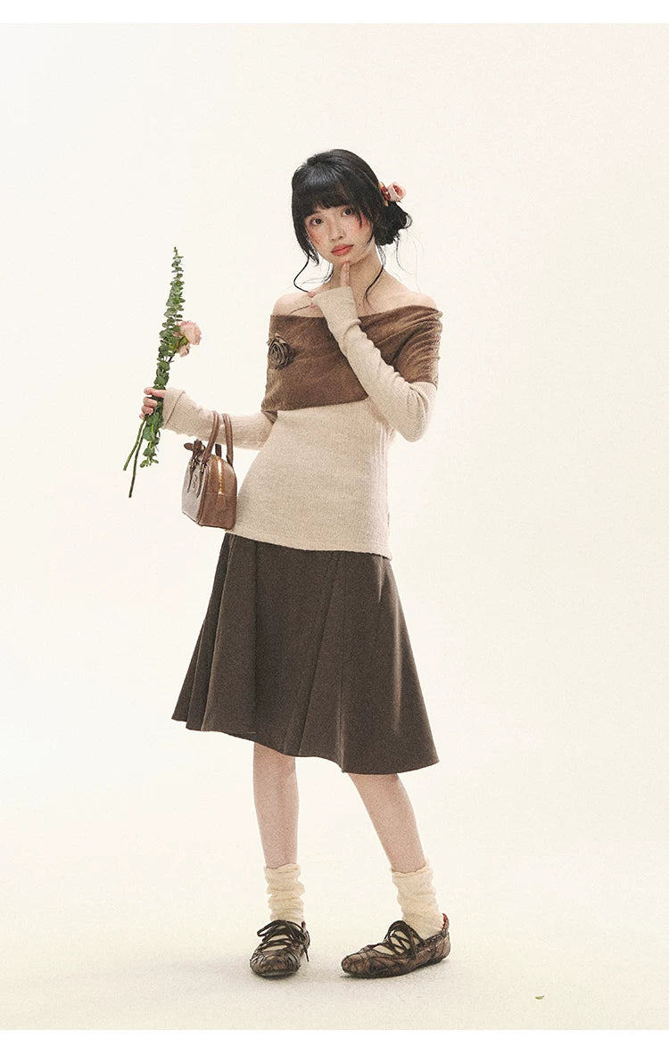 "Vintage Contrast" Brown Apricot Off-Shoulder Floral Knit Top