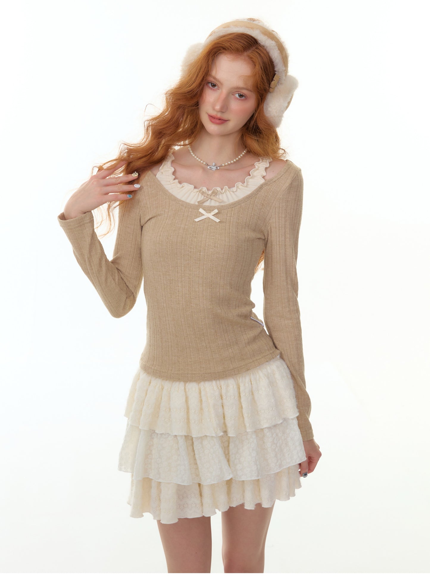 ZiziFei - Layered Bow Knit Top with Faux Two-Piece Ruffle Detail – Pink / Beige