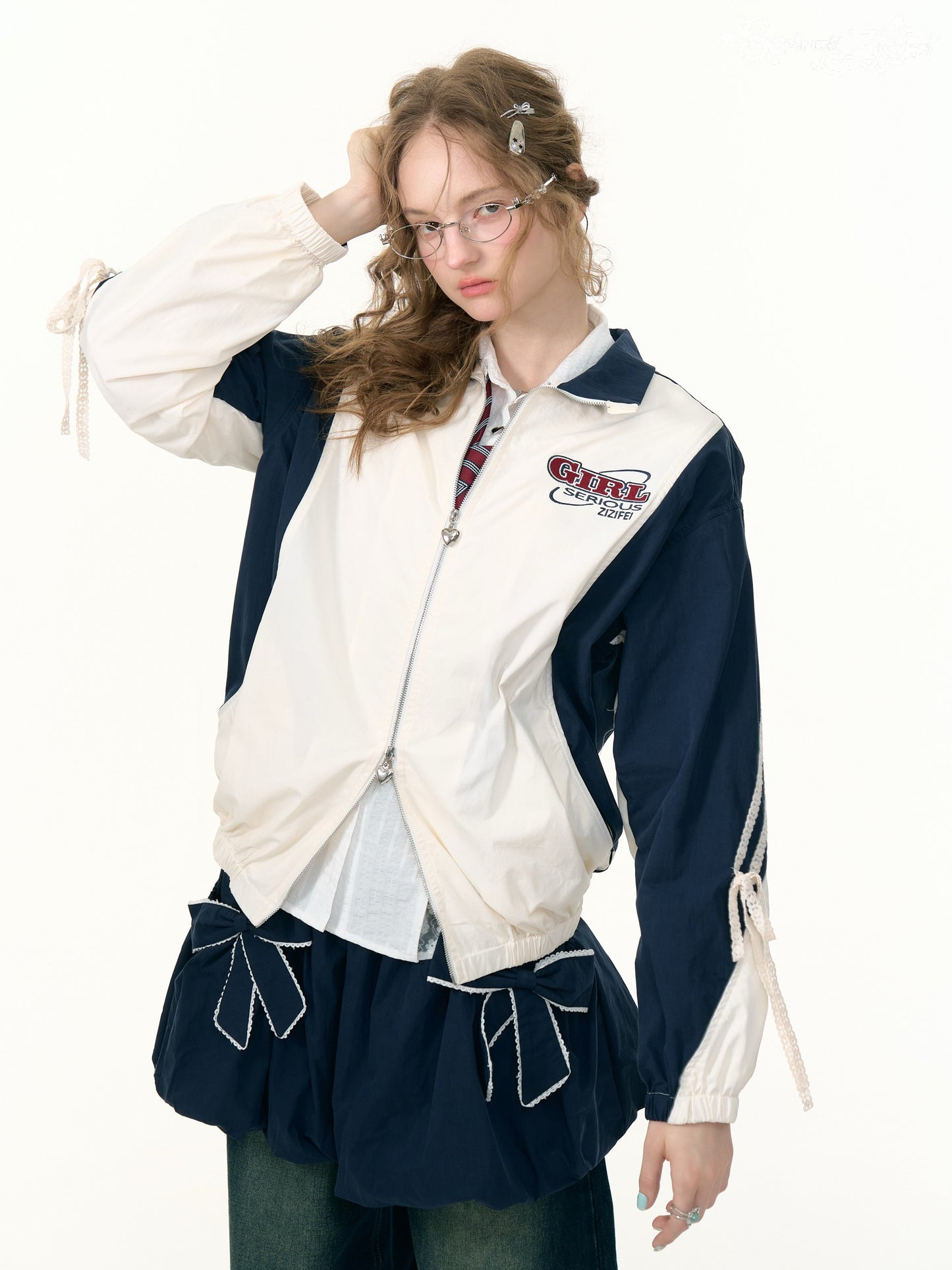 ZiziFei - Retro Zip-Up Jacket with Lace & Drawstring Details