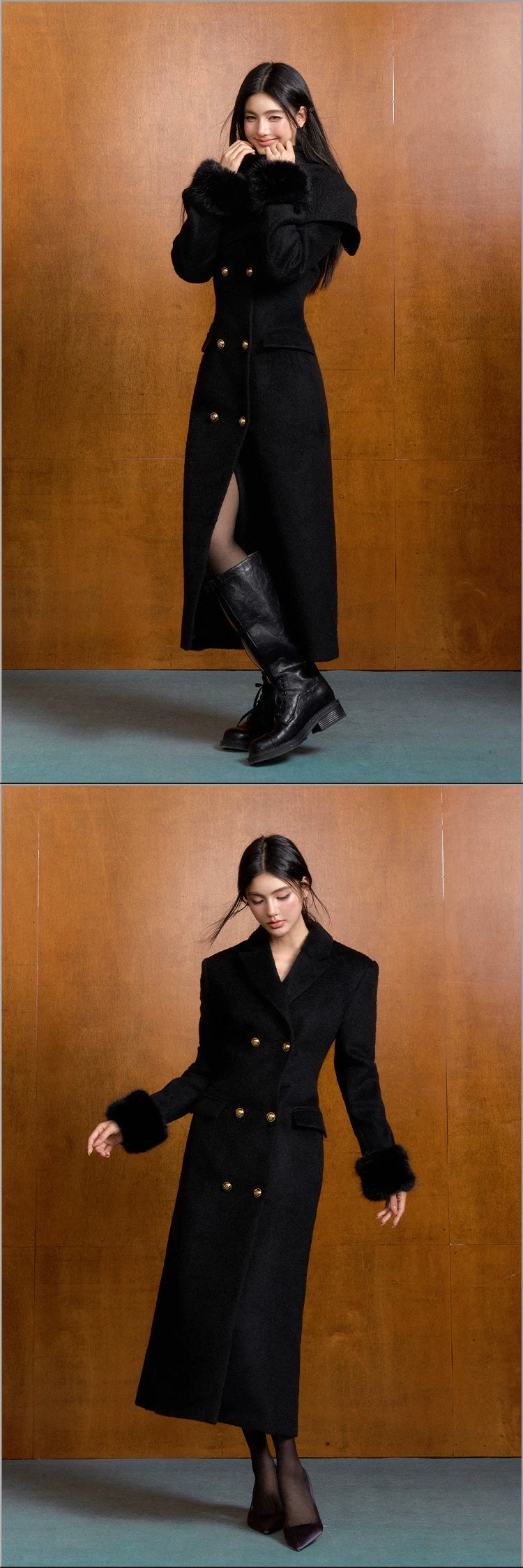 "Manor Elegance" Detachable Faux Fur Wool Coat & Knit Scarf Set