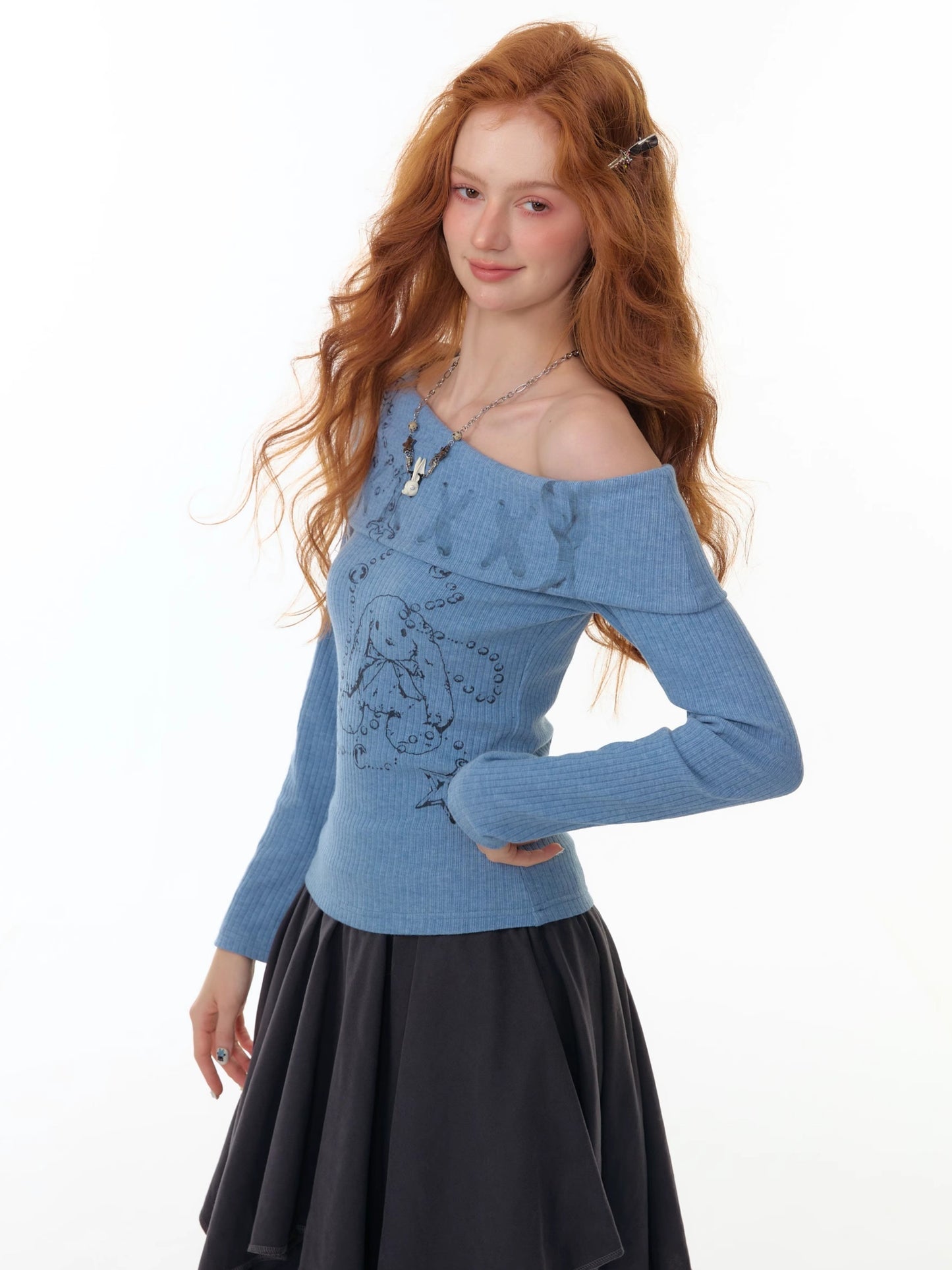 ZiziFei - Y2K Off-Shoulder Ribbed Knit Top – Lace-Up Foldover Sweater