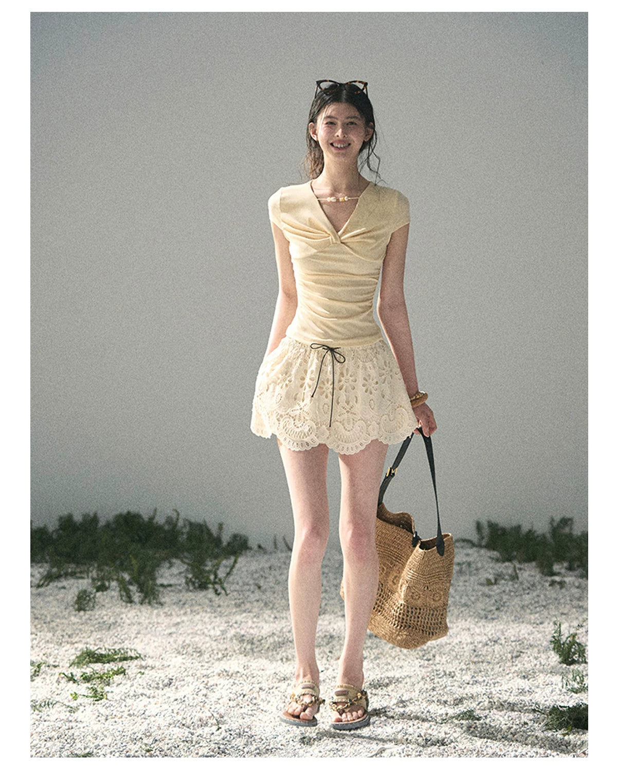 “Sheer Spring Whisper” Milkshake Yellow Twist V-Neck Top
