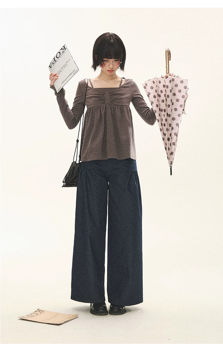 "Sweet Favorite" Polka Dot Faux-Layer Bow Knit Top (Gray Brown/ Blush Pink)