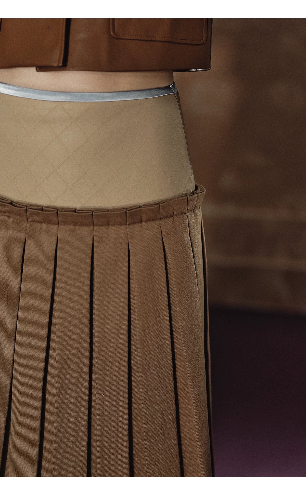 "Scholarly Muse" Khaki Faux Leather Jacket & Mixed-Media Pleated A-Line Skirt Set