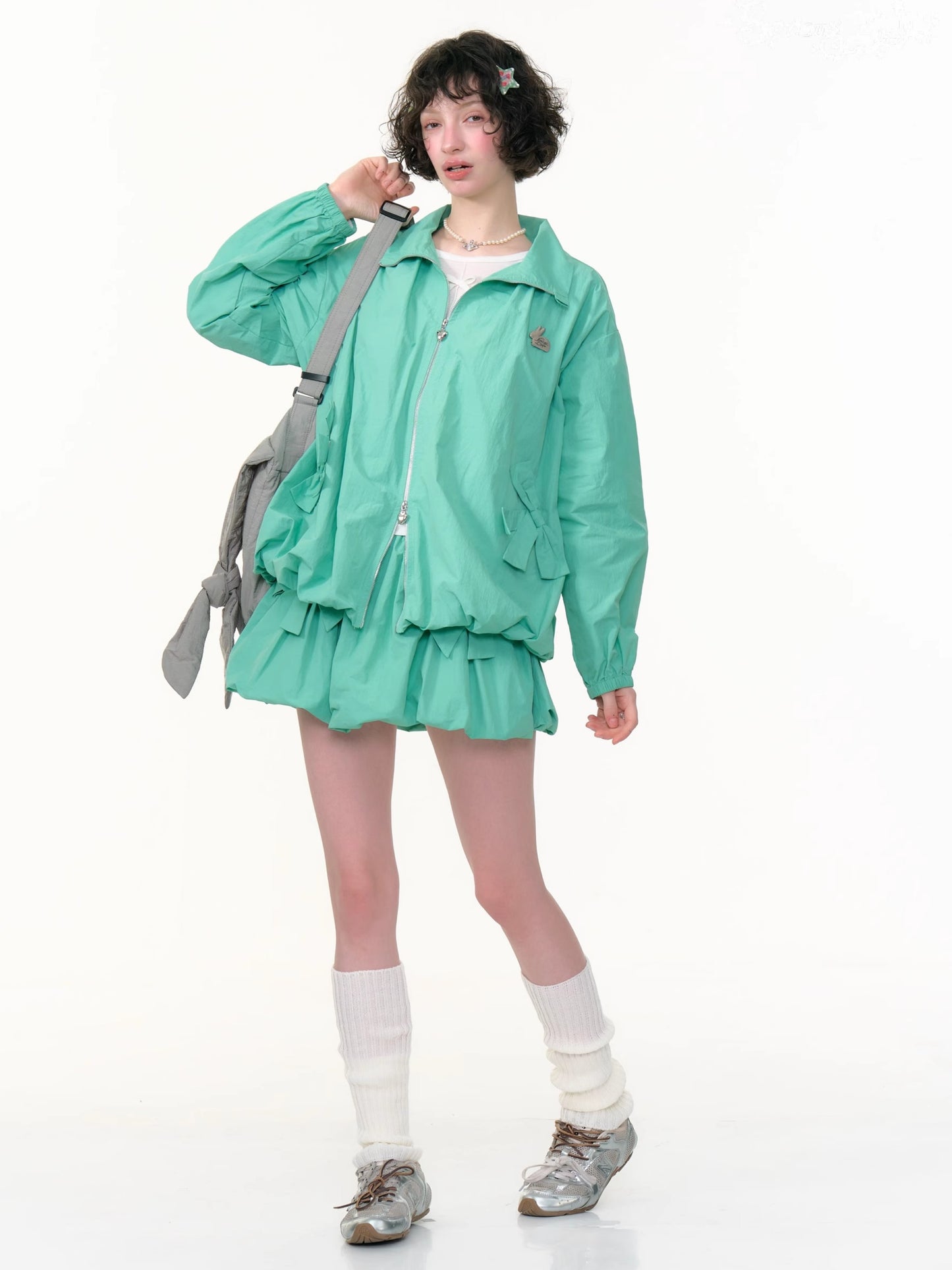 ZiziFei - Y2K High-Waisted Bubble Mini Skirt – Bow Detail A-Line Skirt in Green & Navy