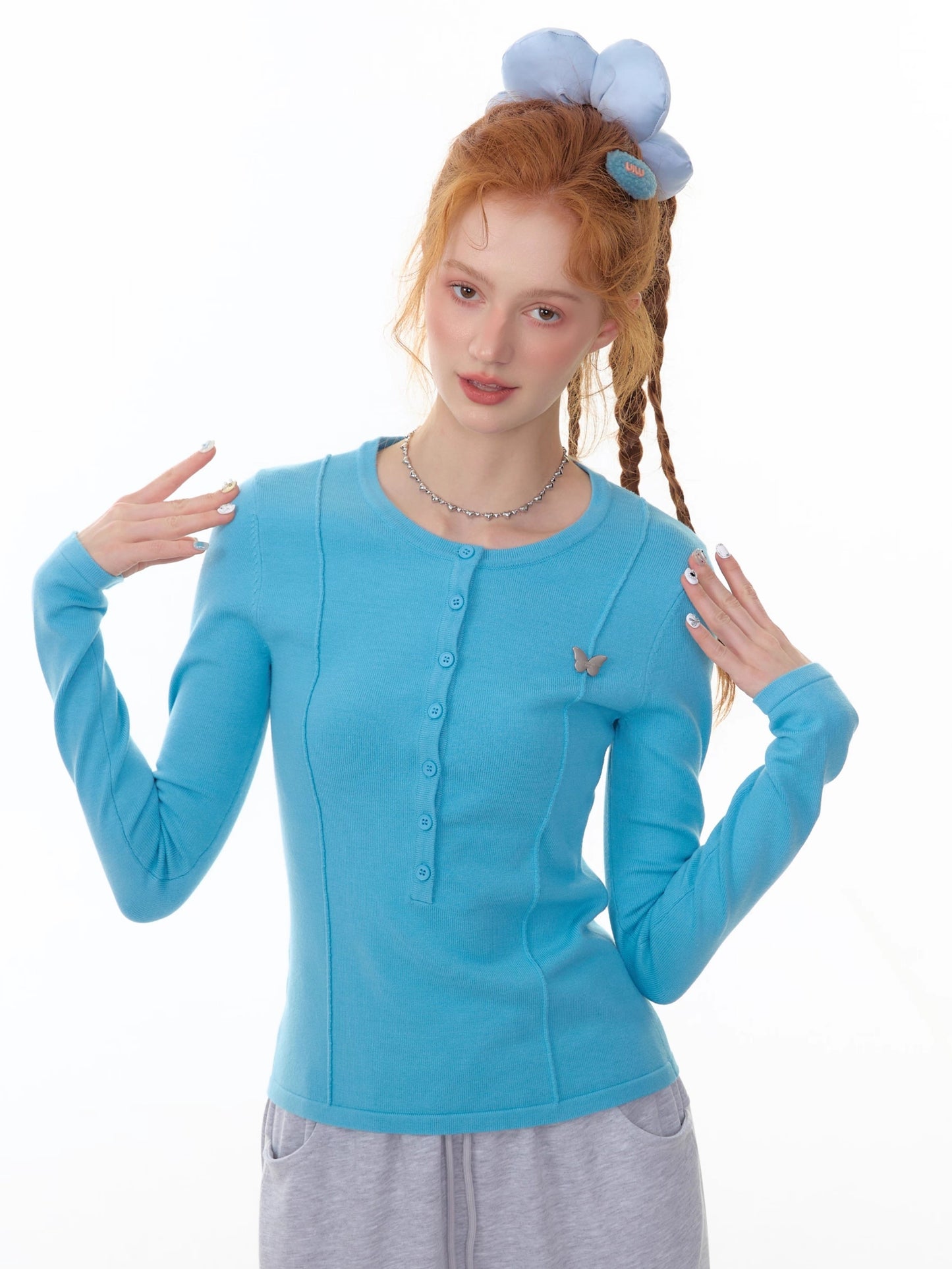 ZiziFei - 3D Ruched Knit Slim-Fit Long Sleeve Top – Butterfly Detail