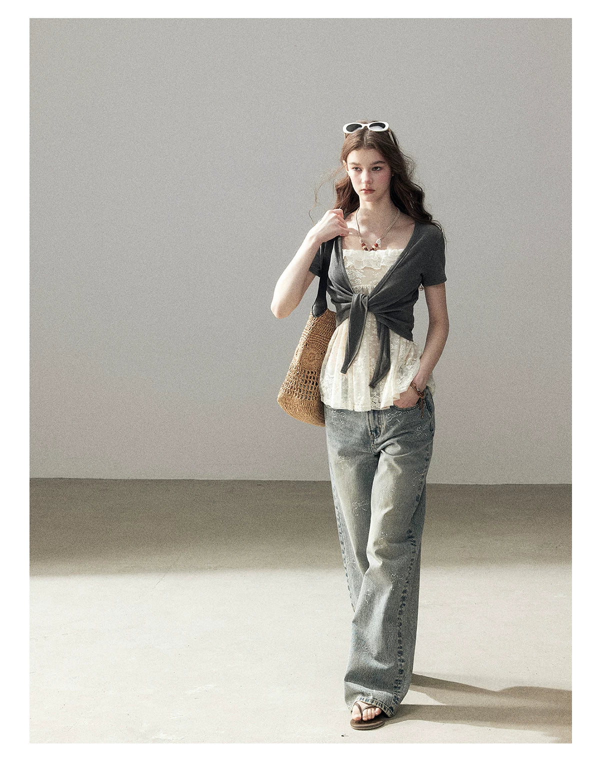 "Beyond the Morning Mist" Dutch Cream Lace Cami & Silver Mouse Gray Sheer Cardigan Set
