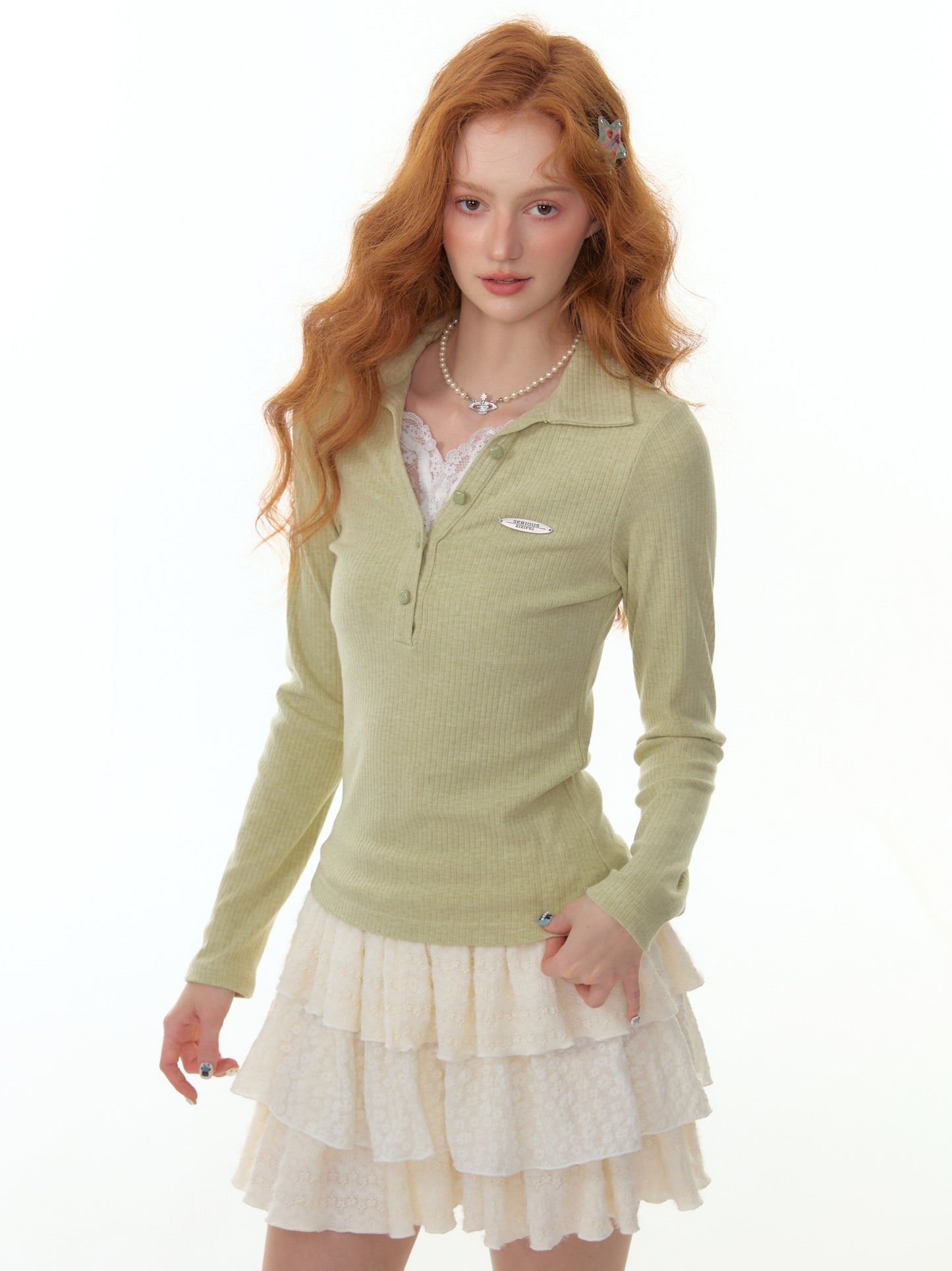 ZiziFei - Lace Trim Ribbed Knit Polo Top – Button Front Slim Fit