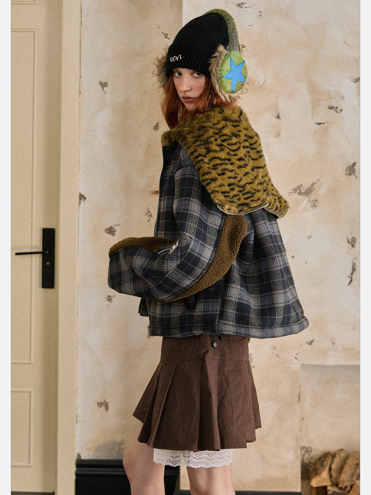 EZEK - Plaid Puffer Jacket with Detachable Leopard Hood