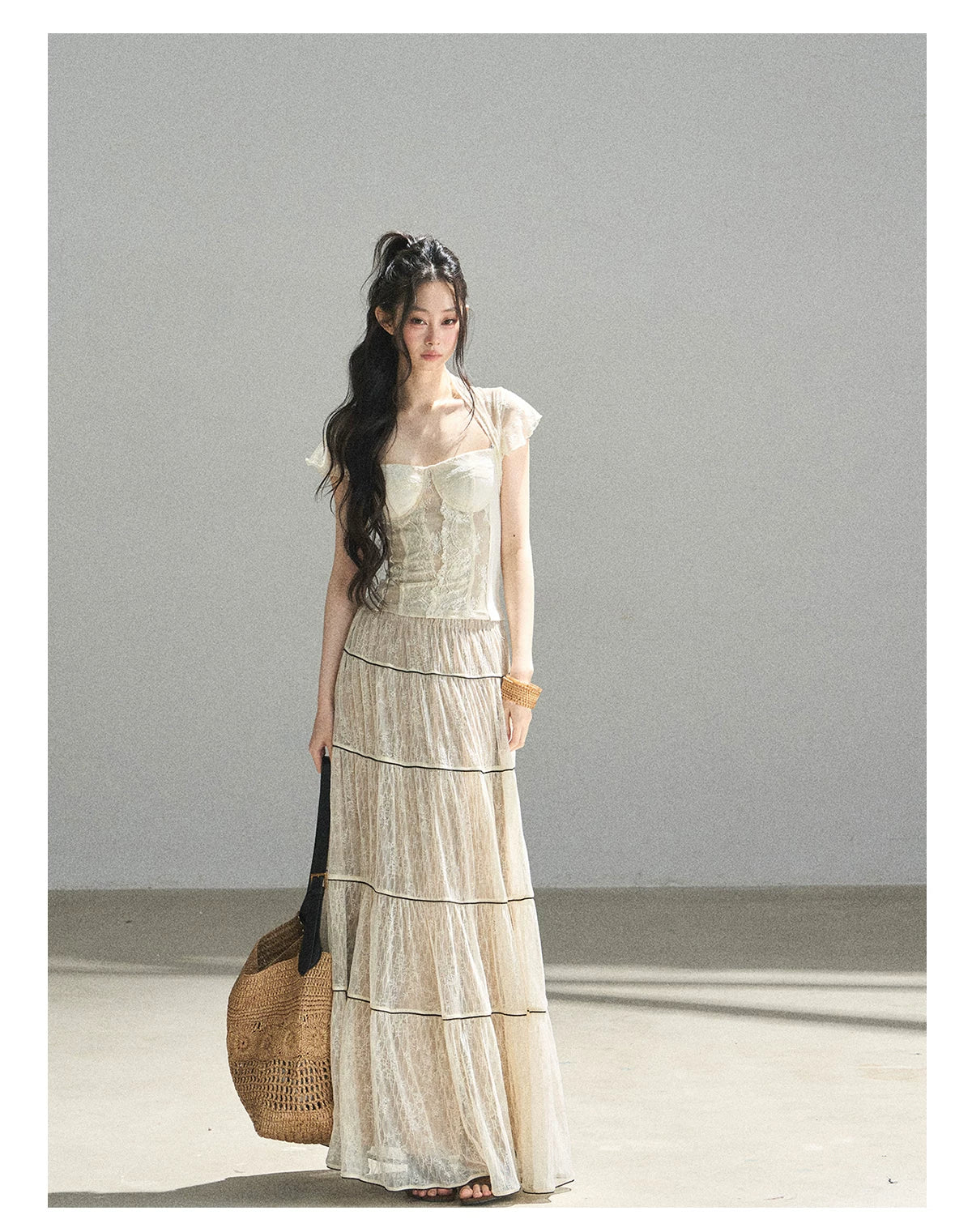 "Mist Through the Woods" Creamy Apricot White Lace Maxi A-Line Skirt
