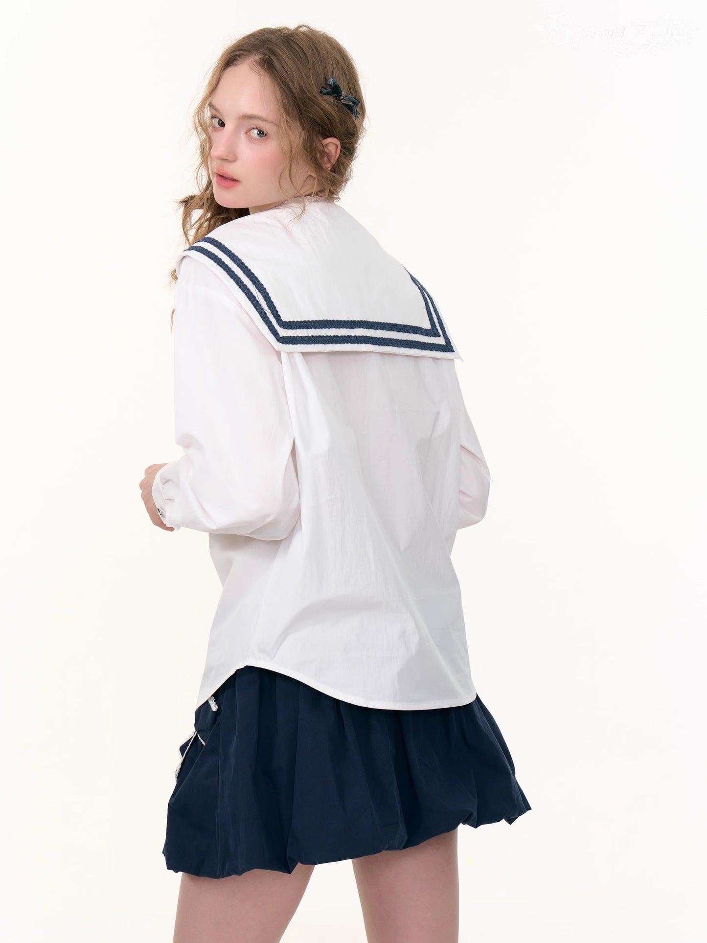 ZiziFei - Navy Collar Lace-Trimmed Long Sleeve Blouse