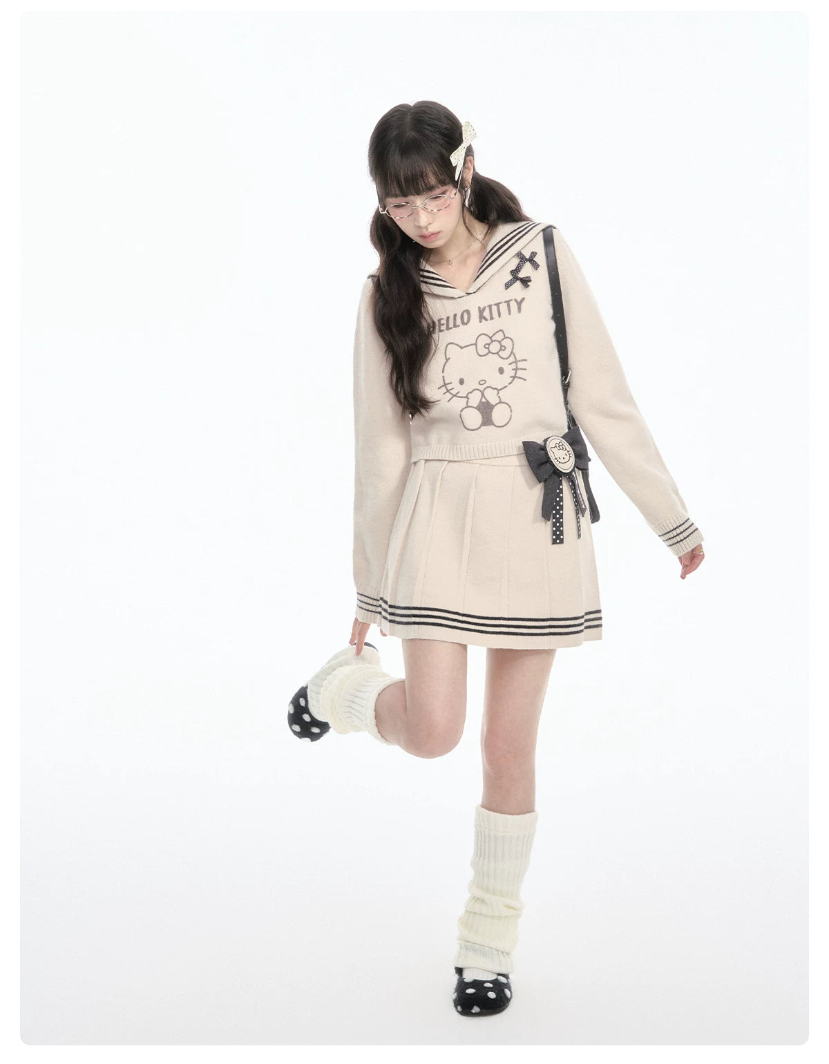 170726K "Kitty Harbor" Oat Beige Sailor Knit Set (Sailor Collar Knit Sweater + Pleated Knit Skirt)