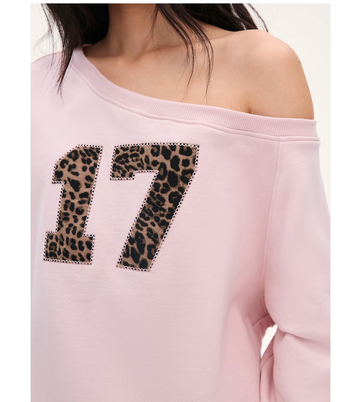 "Pink Panther Mood" Blush Pink Leopard Patch One-Shoulder Sweatshirt