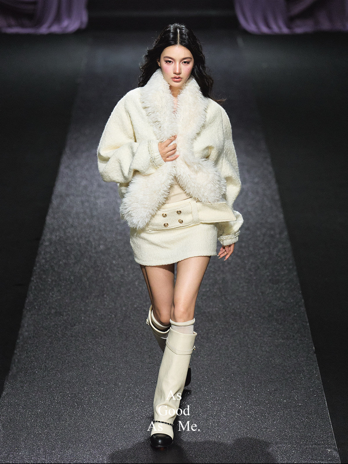 "Winter Chalet" Ivory Faux Fur Collar Padded Jacket