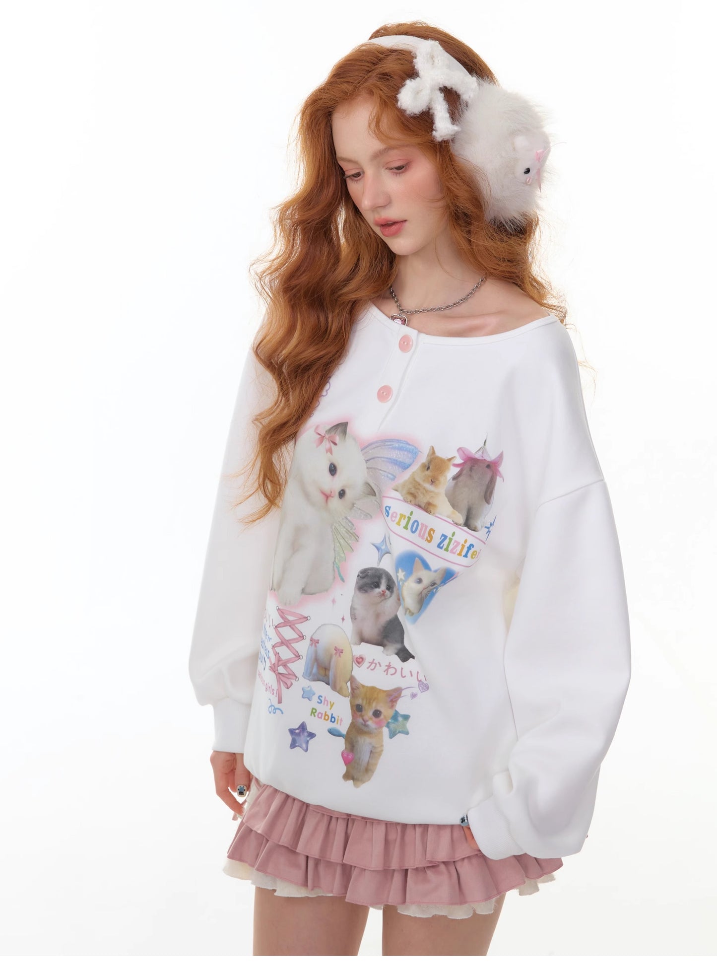 ZiziFei - Oversized Cat Print Peter Pan Collar Sweatshirt