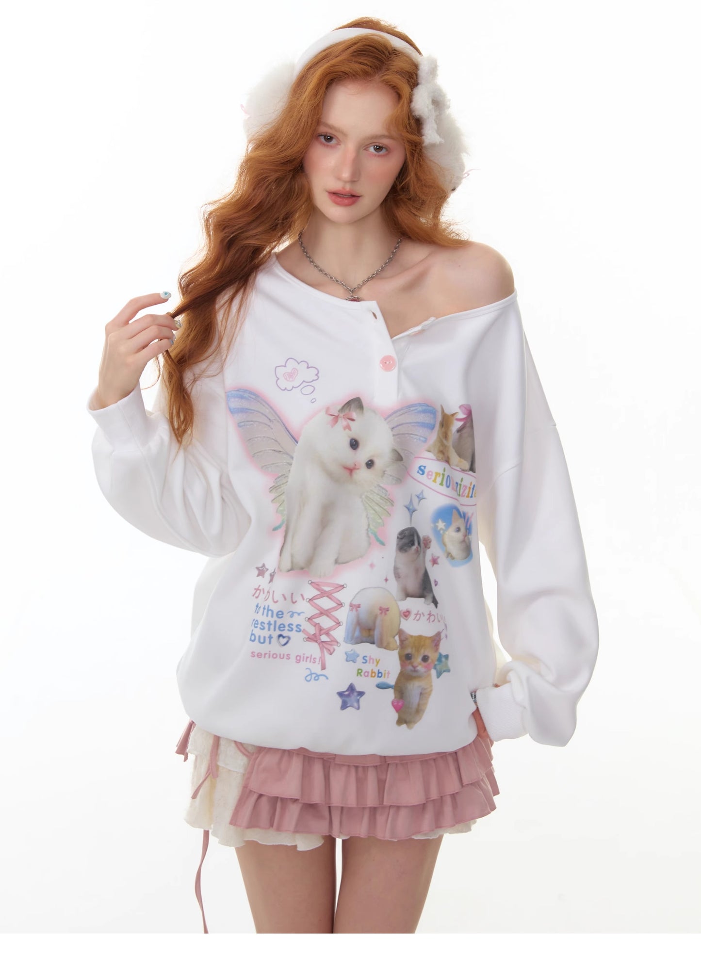 ZiziFei - Oversized Cat Print Peter Pan Collar Sweatshirt