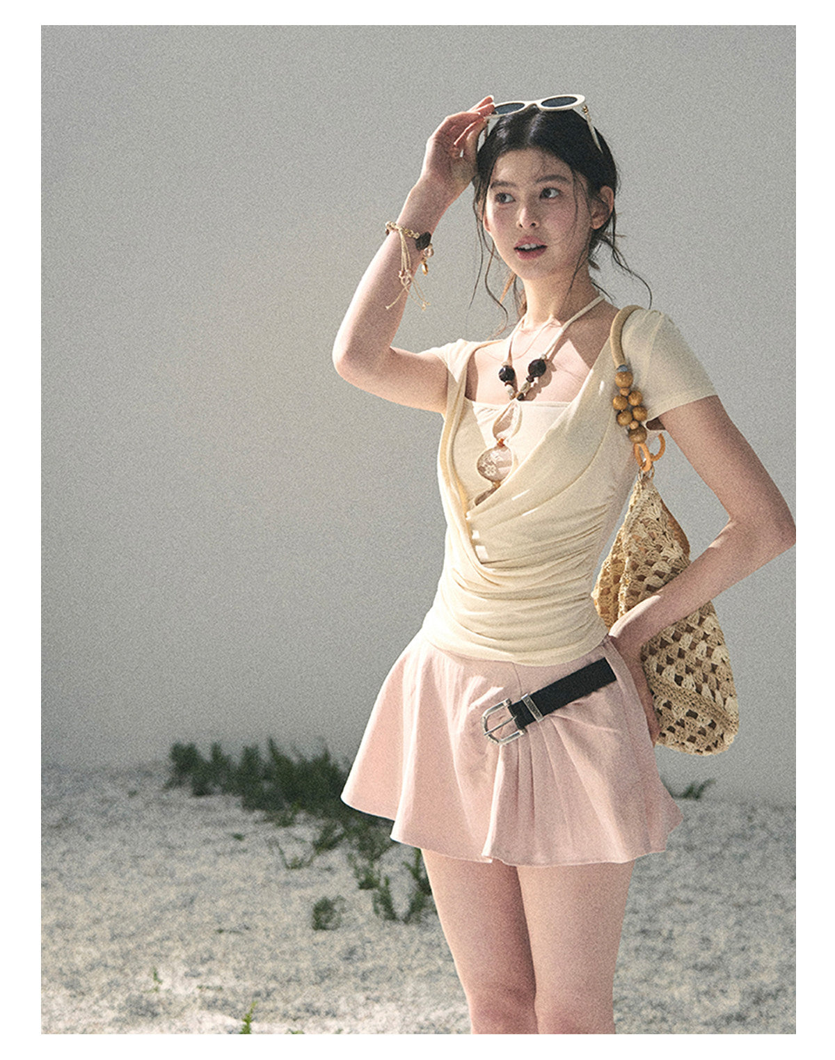 “Soft Veil Muse” Cream Apricot Layered Halter Lace Top