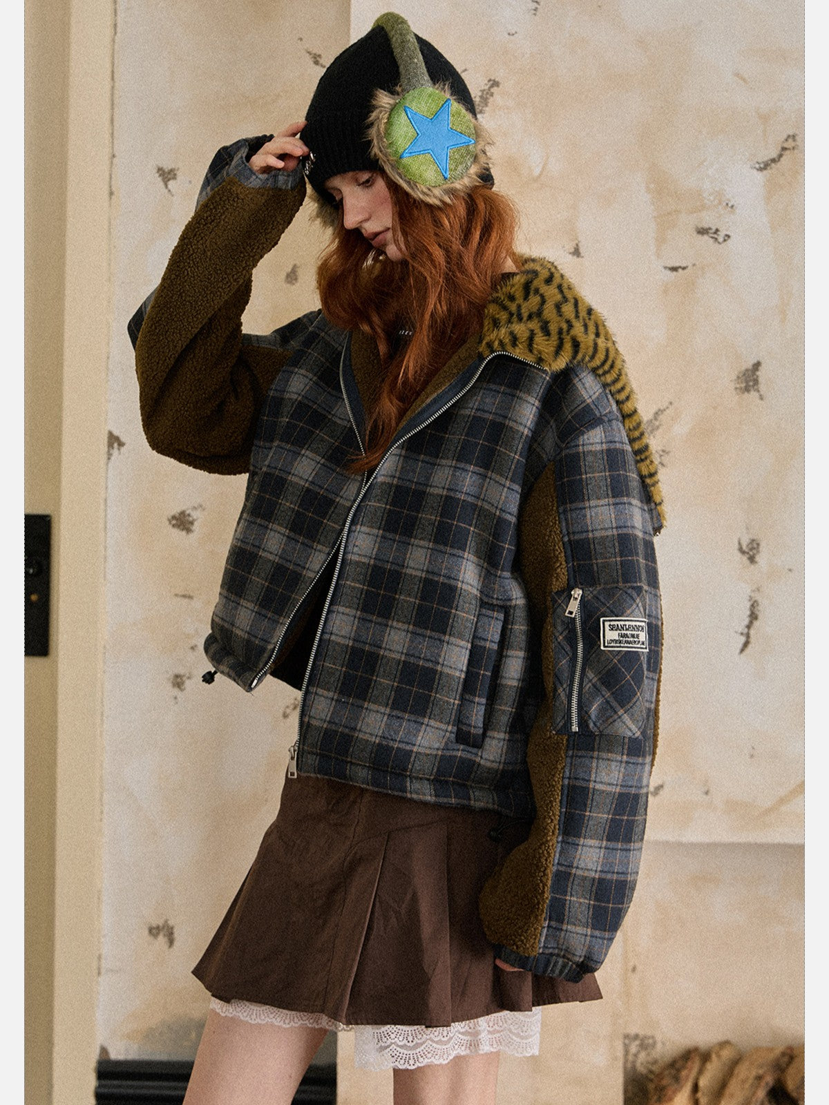EZEK - Plaid Puffer Jacket with Detachable Leopard Hood