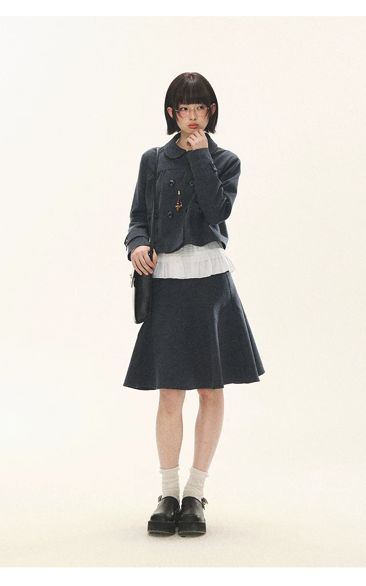 "First Day of Spring" Charcoal Gray Bow Blazer & Asymmetrical Skirt Set