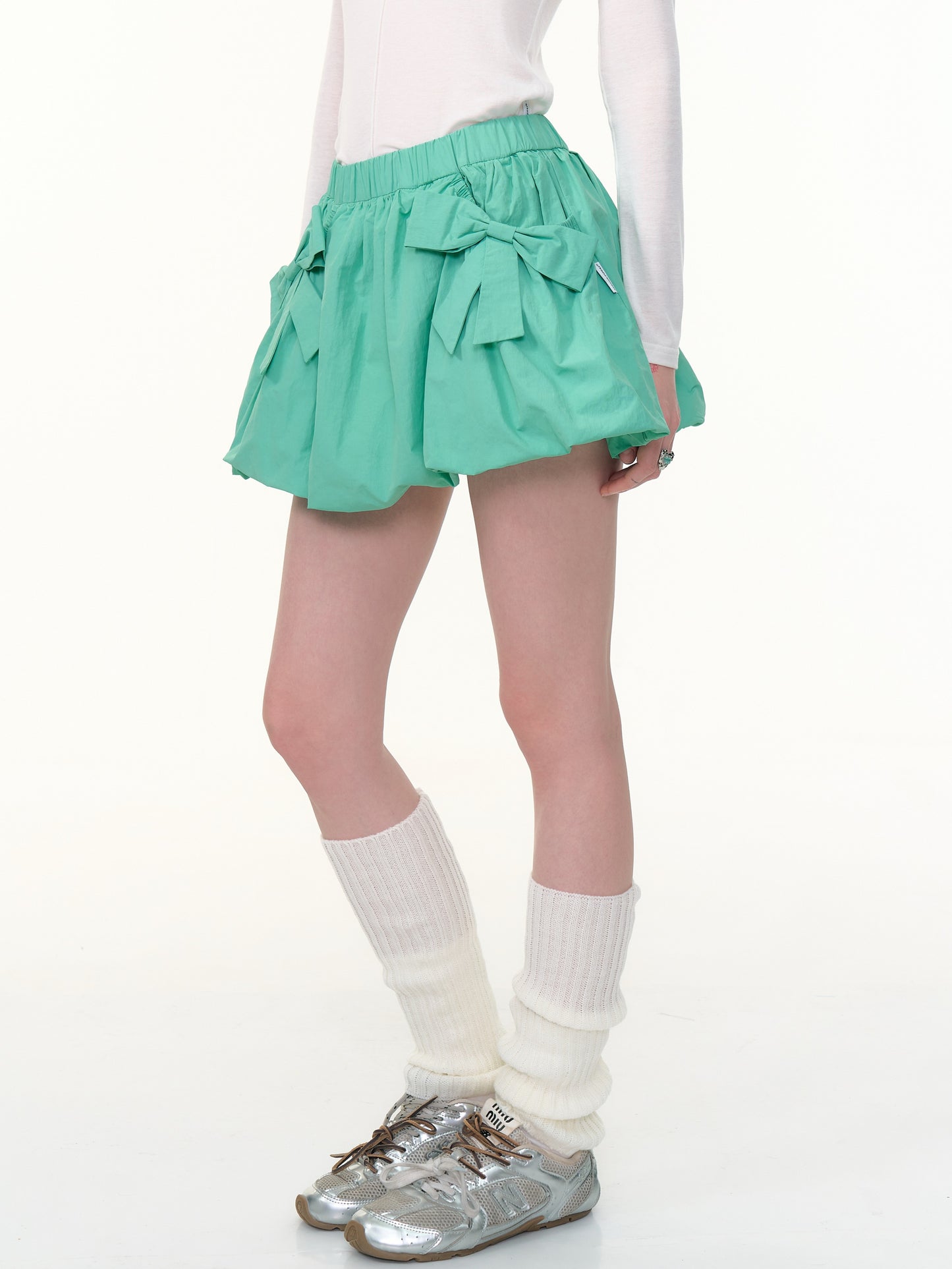 ZiziFei - Y2K High-Waisted Bubble Mini Skirt – Bow Detail A-Line Skirt in Green & Navy