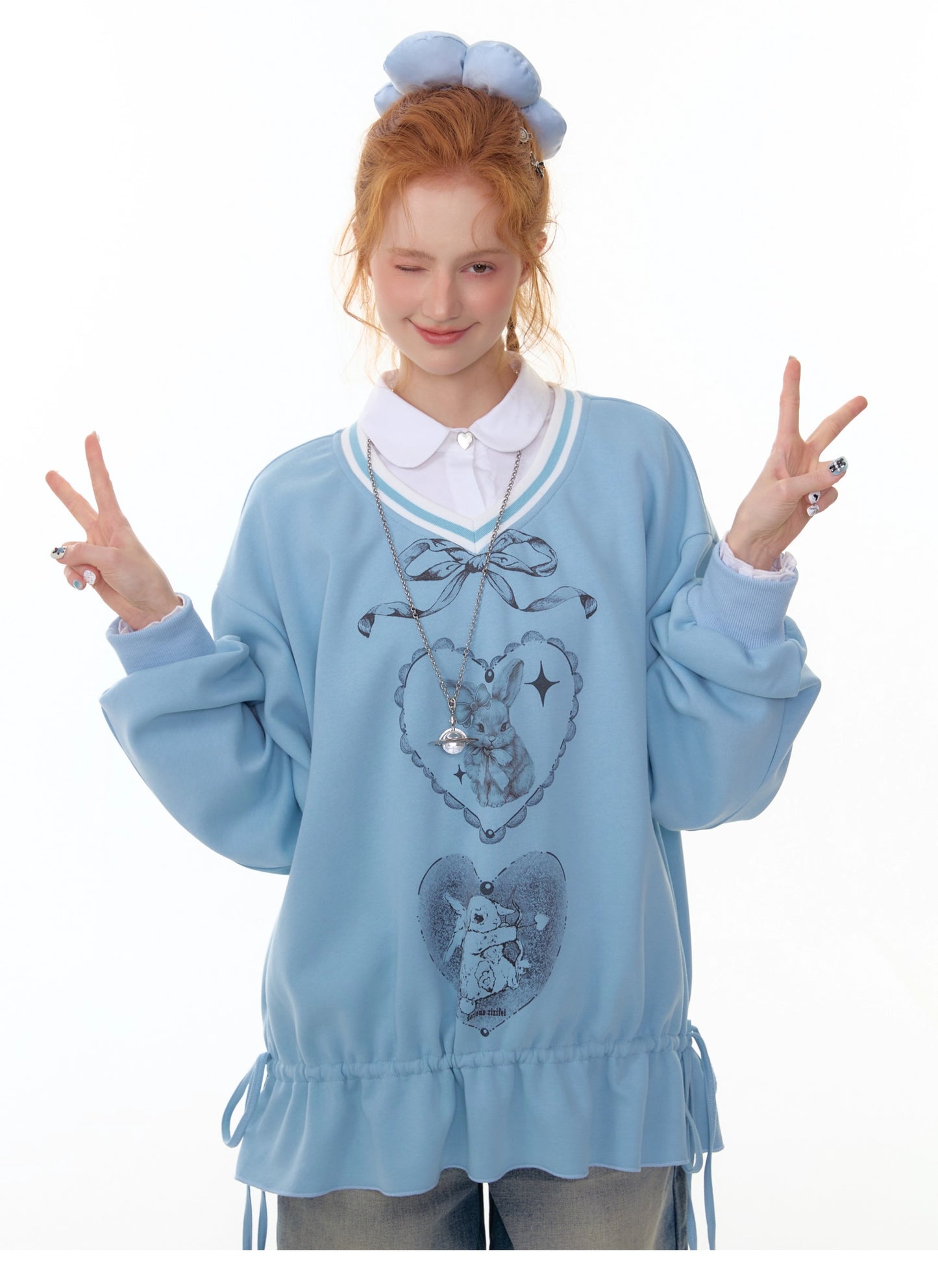 ZiziFei - Sweet Bunny Club V-Neck Sweatshirt – Ribbon & Drawstring Hem