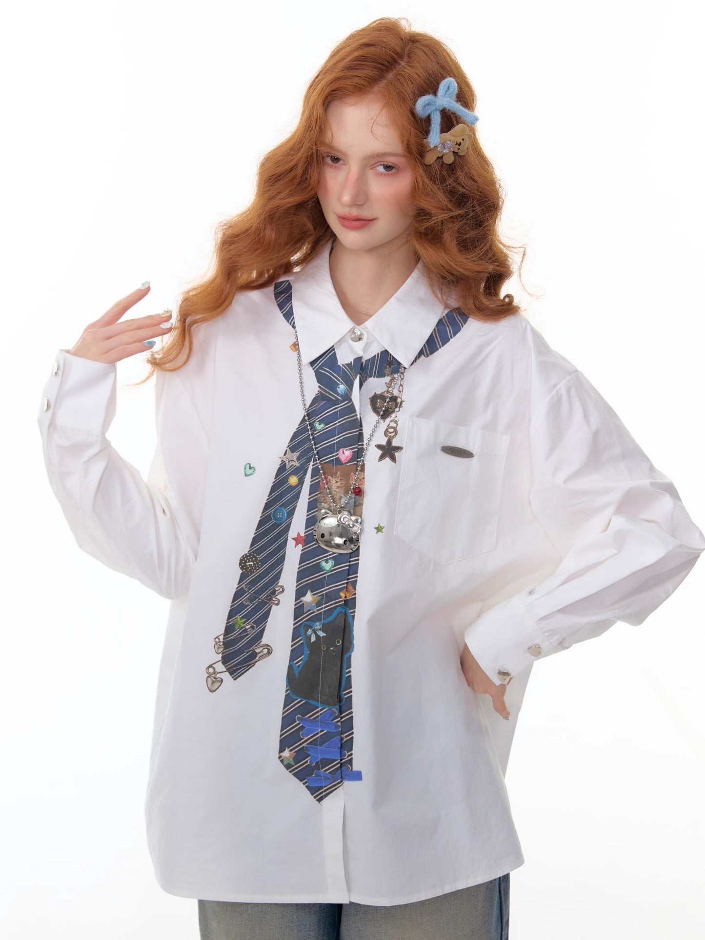 ZiziFei - White Oversized Shirt with Printed Tie Detail