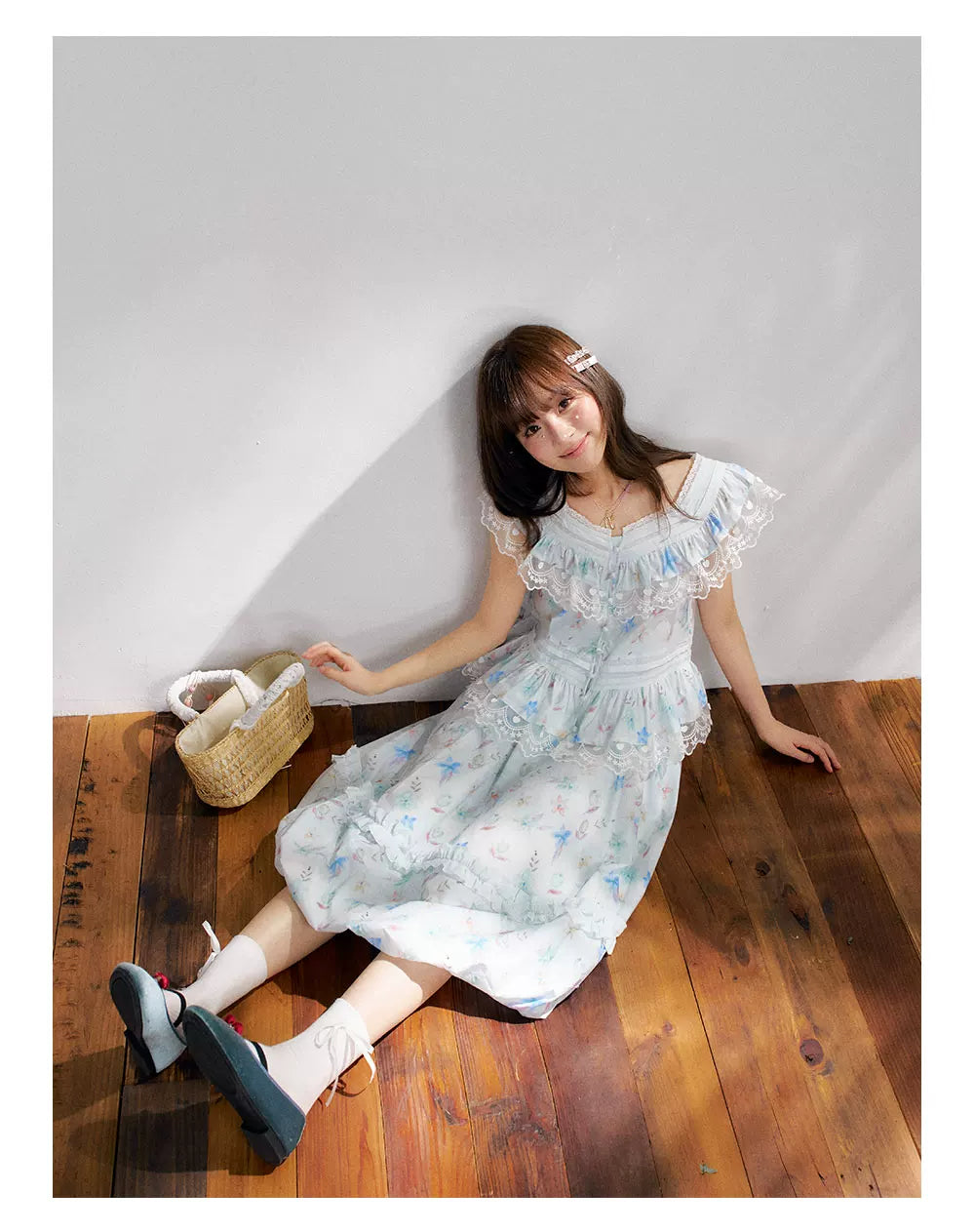 “Mint Blossom Isle” Blue Lace Trim Top & Bubble Hem Skirt