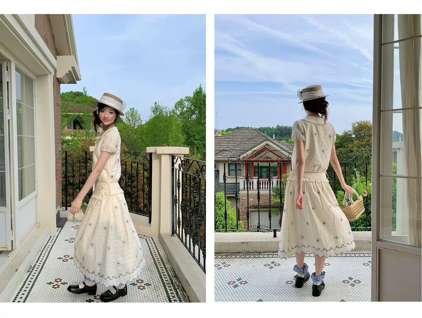 “Flower Sugar Soufflé” Cream Floral Embroidered Skirt Set