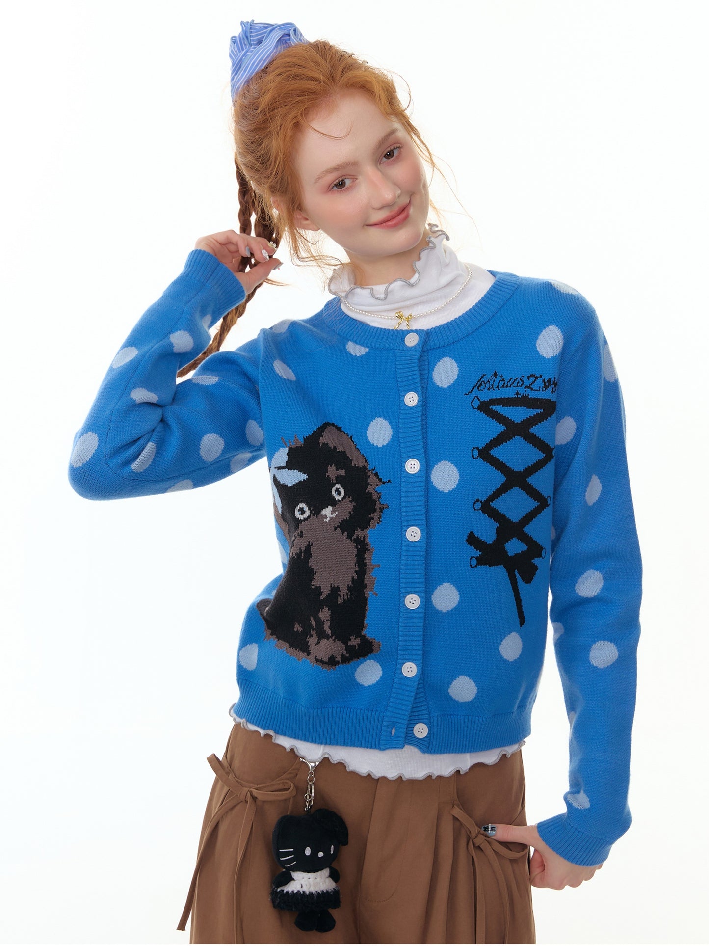 ZiziFei - Sweet Kitty Polka Dot Knit Cardigan – Faux Ribbon Lace-Up