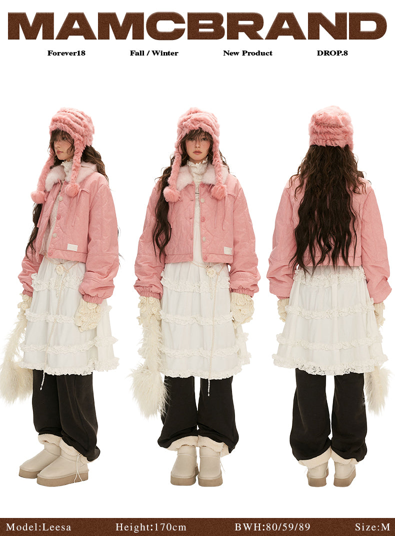 MAMC - Pink Quilted Faux Fur Bomber Jacket with Ribbon Detail