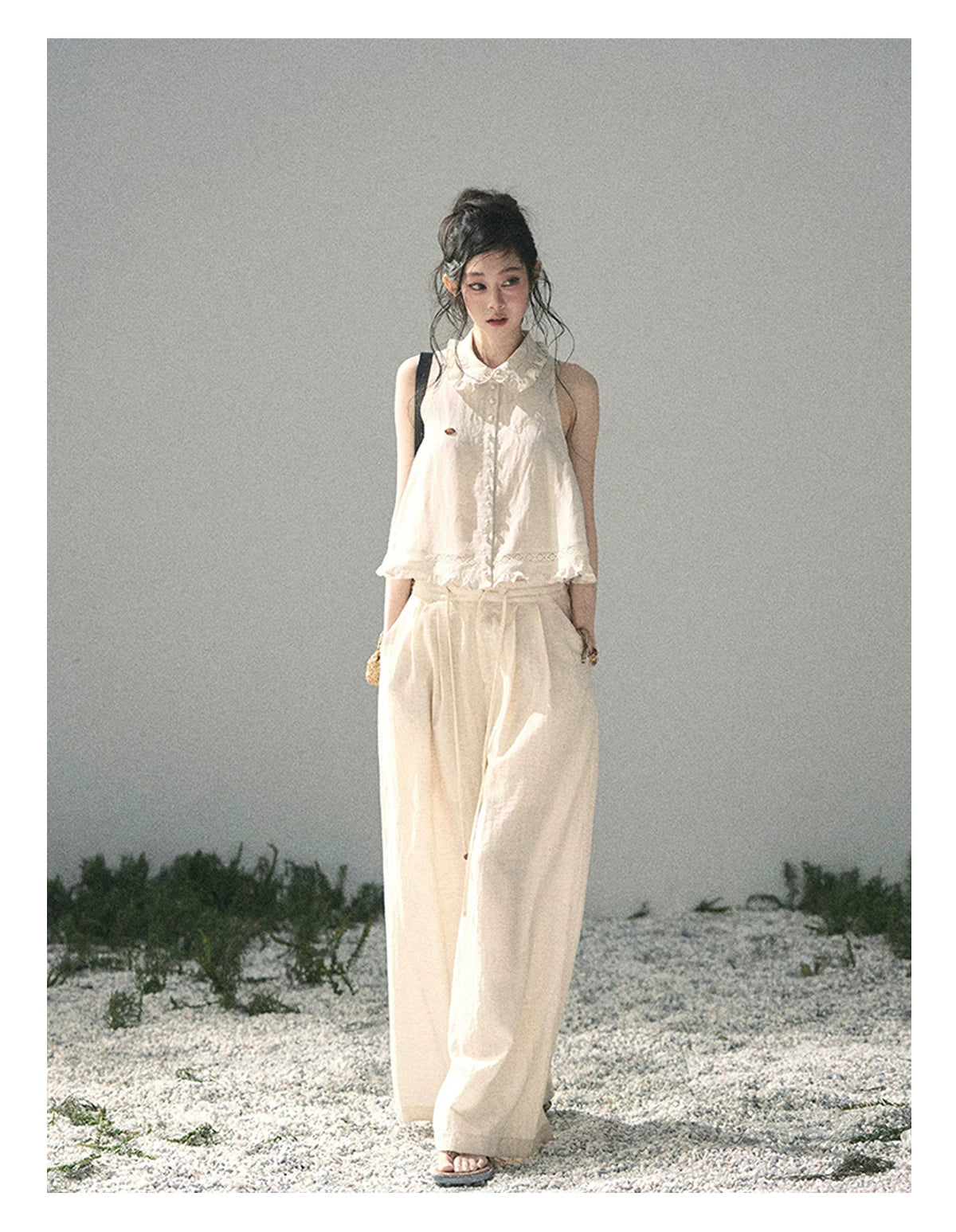 "Soft Cloud Reverie" Dutch Cream Lace Top & Bubble Skirt & Wide-Leg Pants Set 5468465