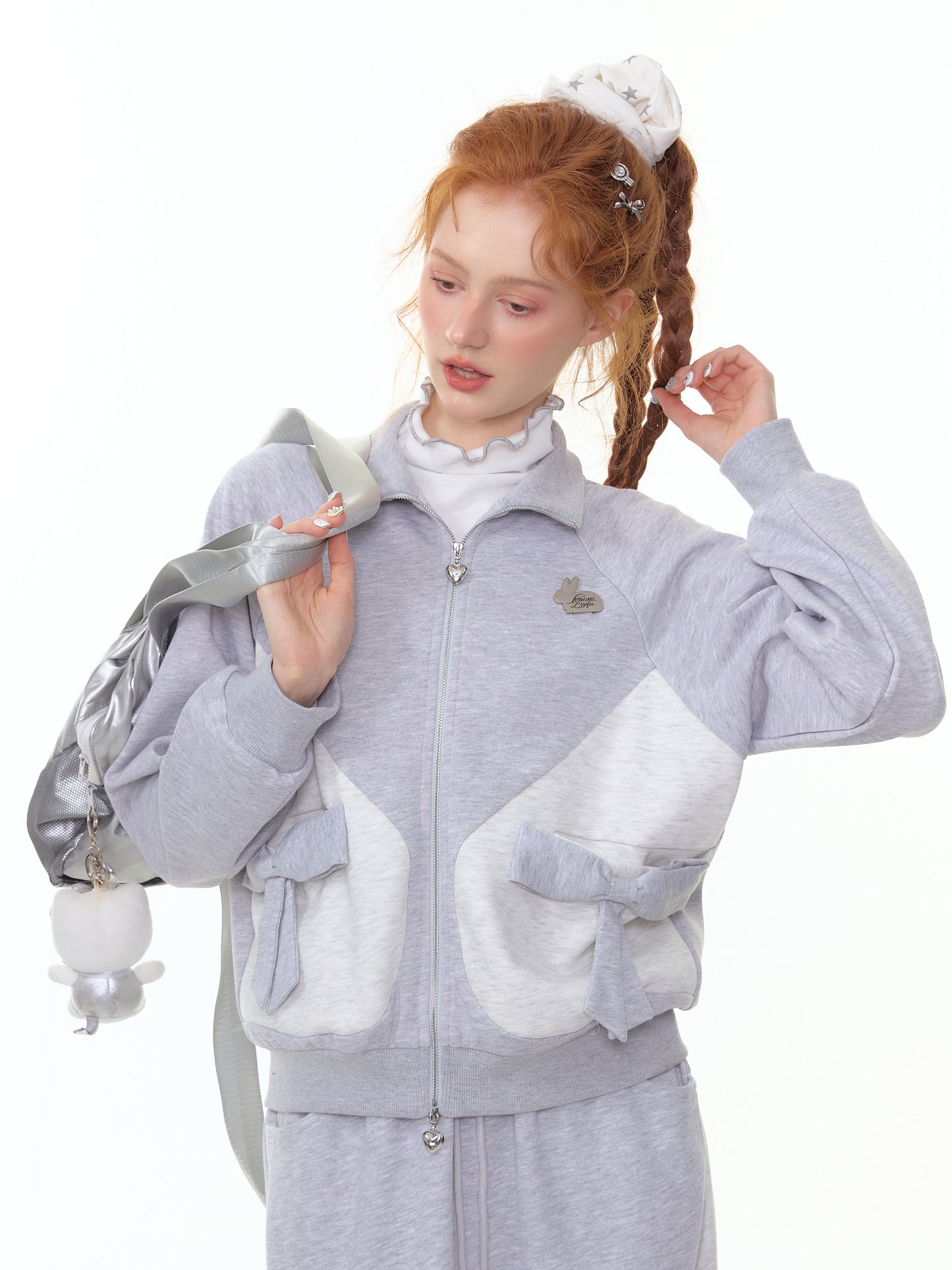 ZiziFei - Light Grey Zip-Up Bow Jacket – Soft Girl Athleisure