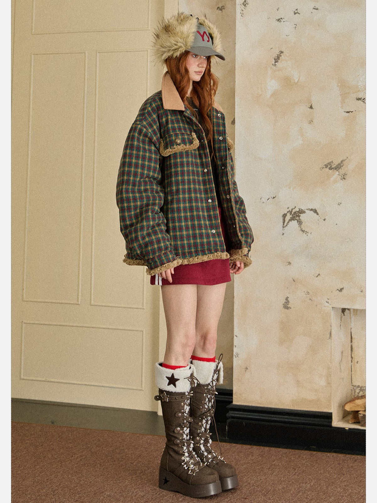 EZEK - Vintage Plaid Varsity Jacket with Contrast Collar