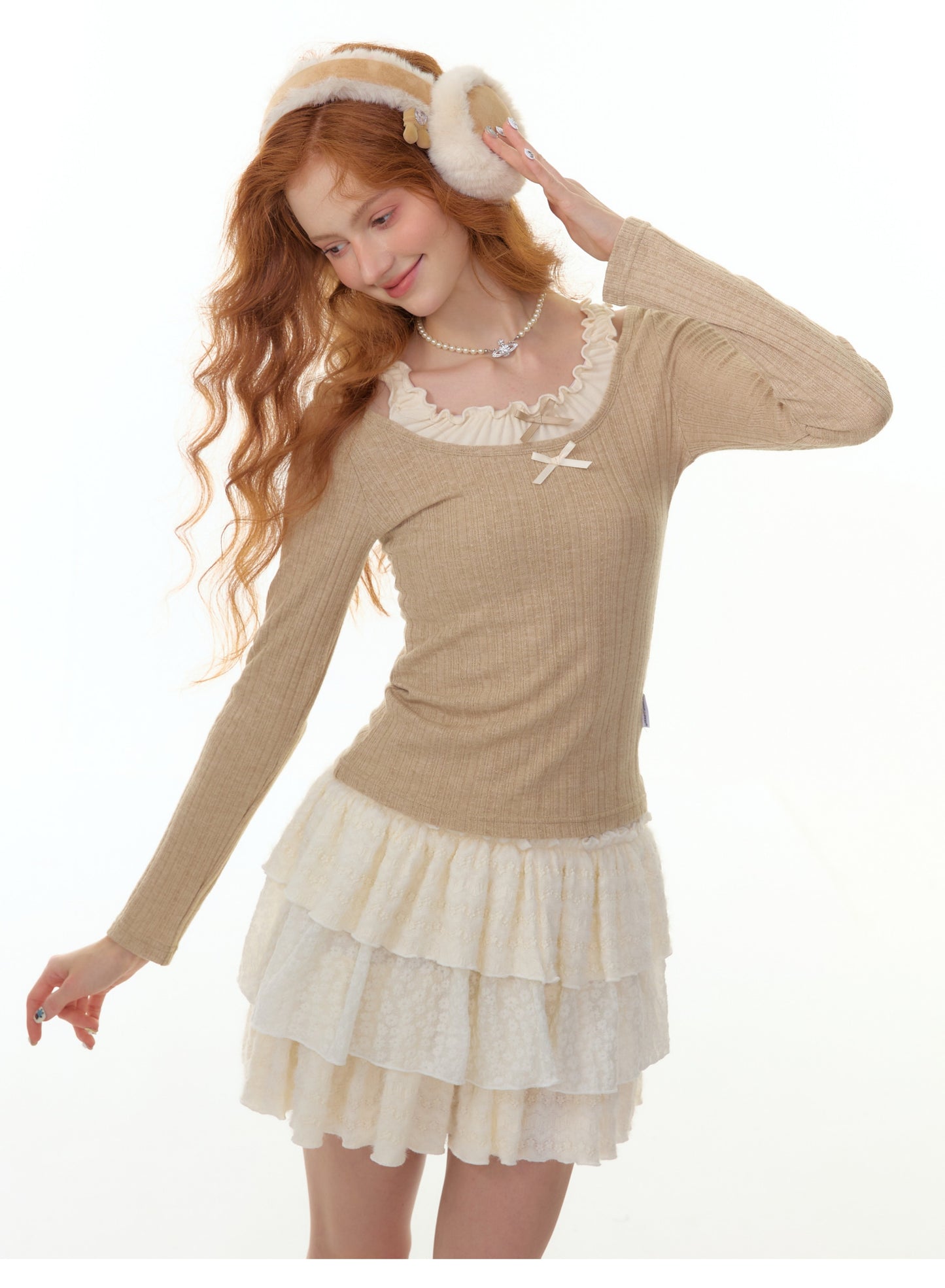 ZiziFei - Layered Bow Knit Top with Faux Two-Piece Ruffle Detail – Pink / Beige