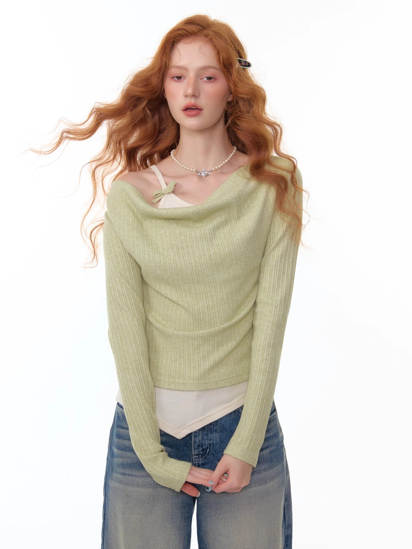 ZiziFei - Draped Mock Layered Long Sleeve Top – Soft Knit Two-Tone Design