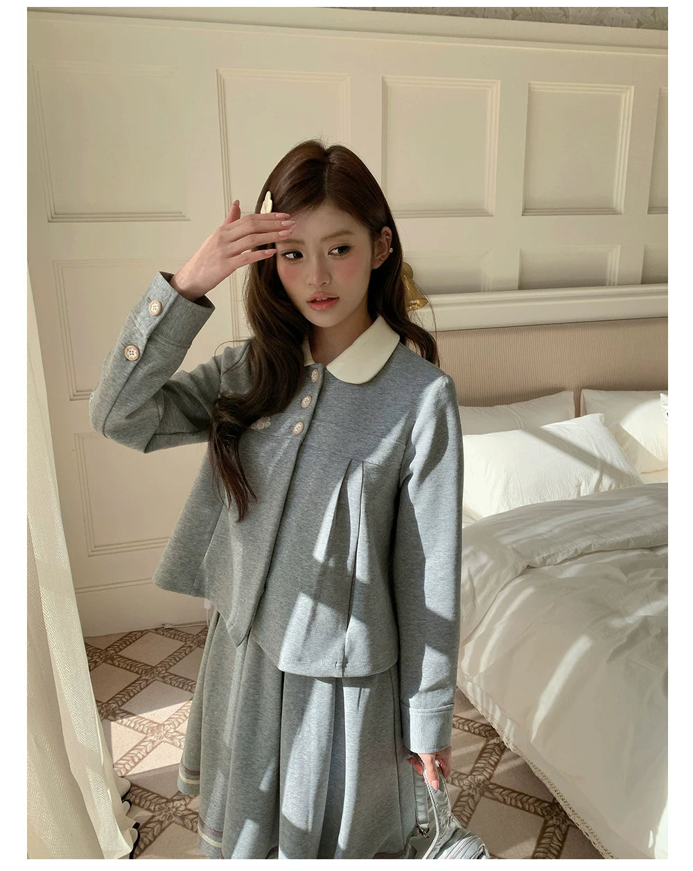“Misty Academy Reverie” Light Grey Cropped Top & Bubble Mini Skirt
