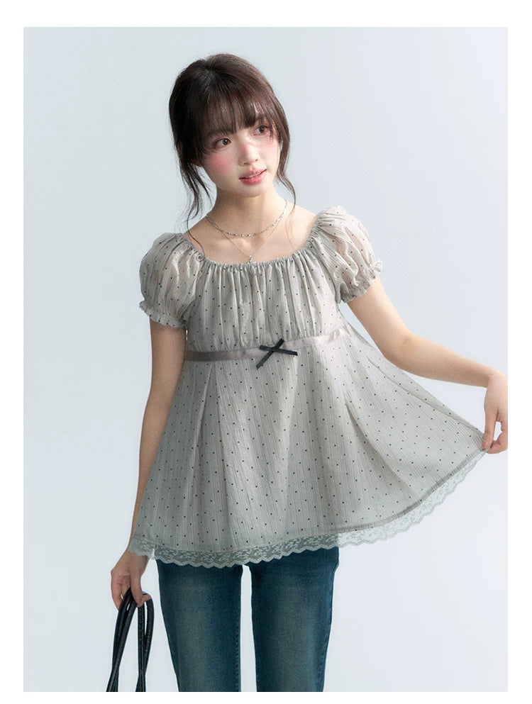 "Polka Dot Constellation" Gray Polka Dot Square Neck Puff Sleeve Top
