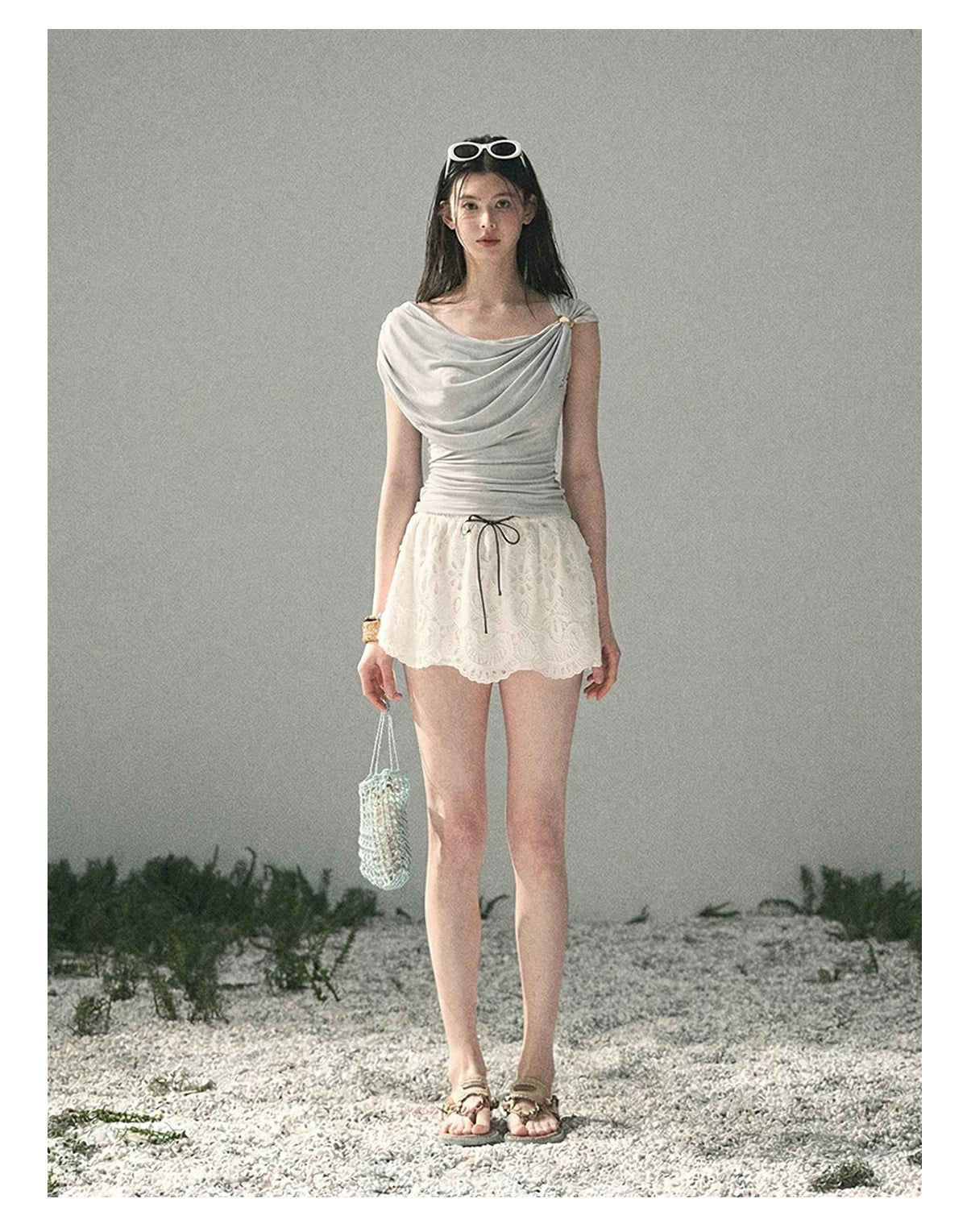 “When the Wind Stole Moonlight” Moonstone Draped Off-Shoulder Top