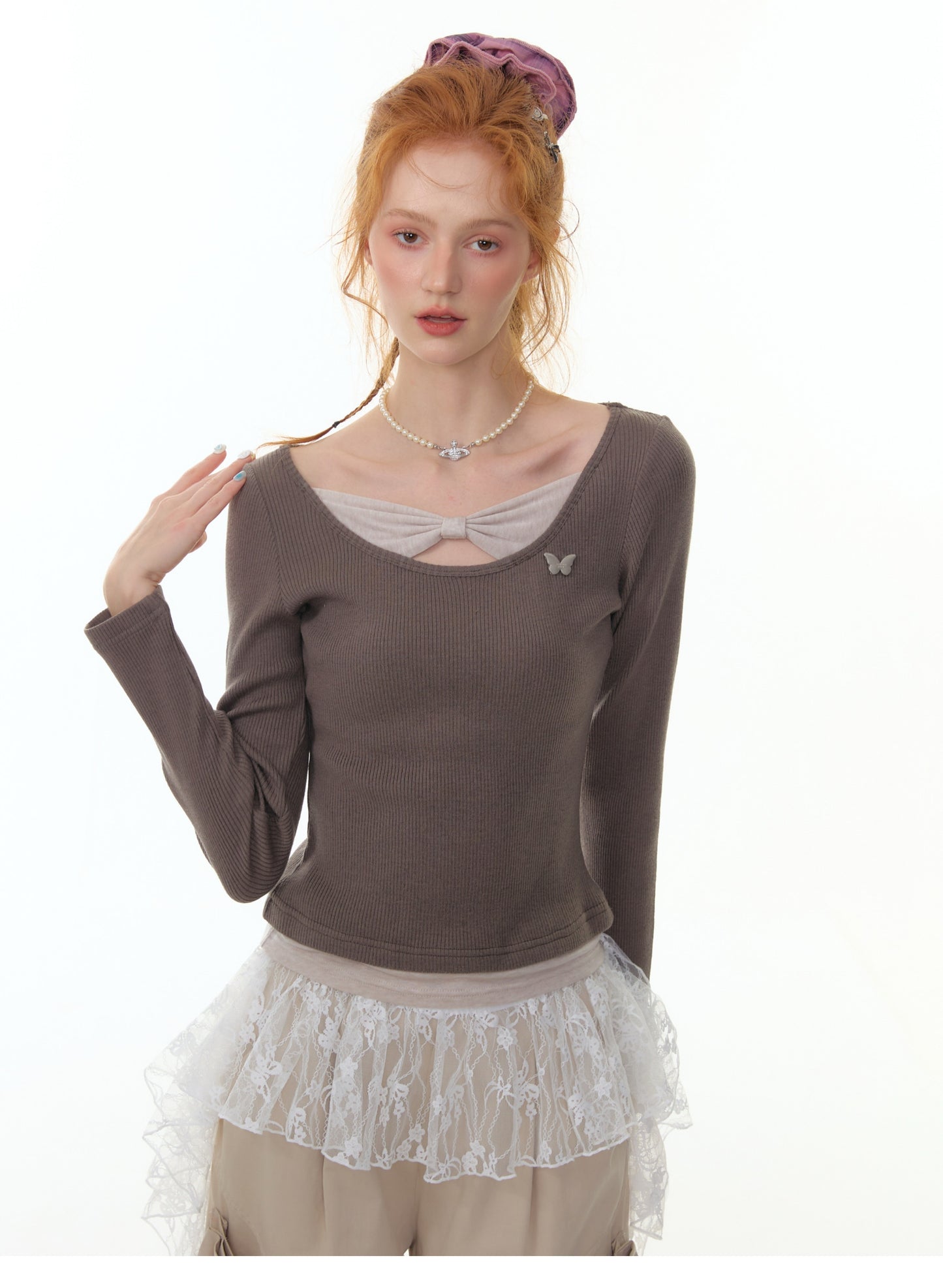 ZiziFei - Double Layered Bow-Knot Contrast Knit Top