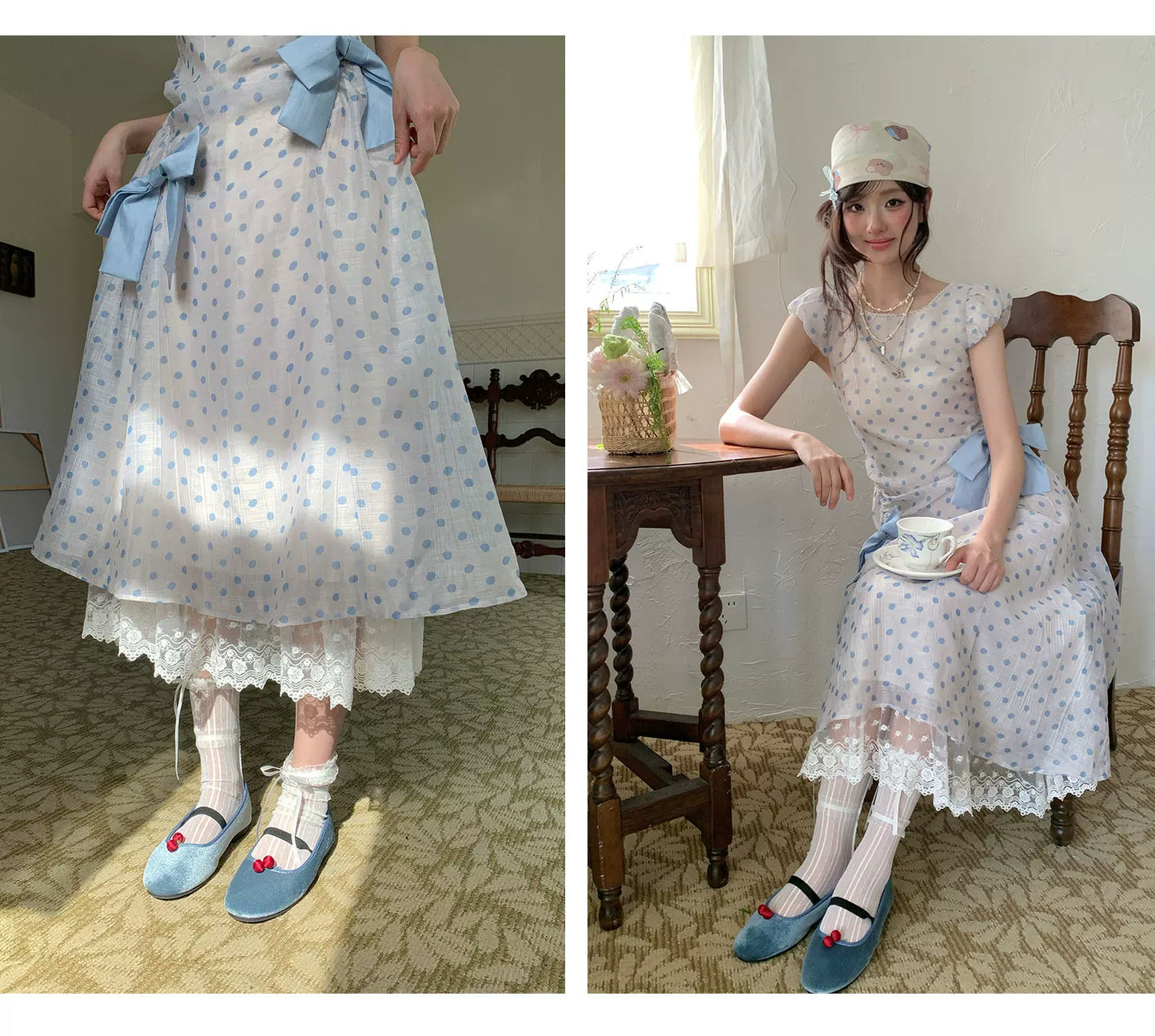 “Blue Mist Polka Reverie” Mist Blue Bow Lace Dress