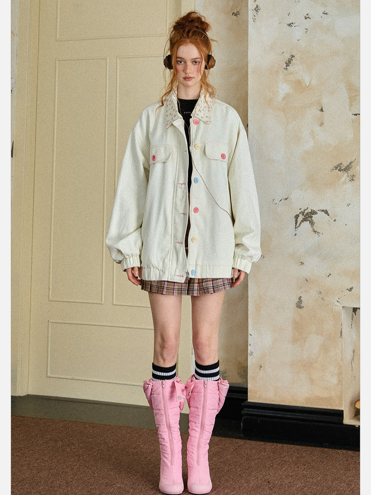 EZEK - Retro Floral Collar Oversized Denim Jacket