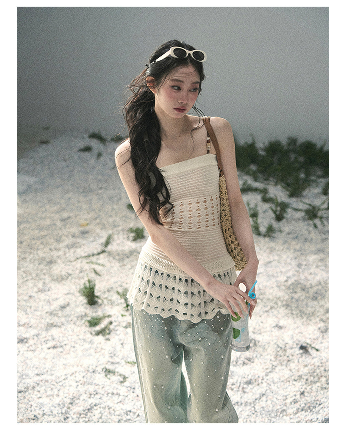 “Fractured Presence” Ivory Open-Knit Cami Top