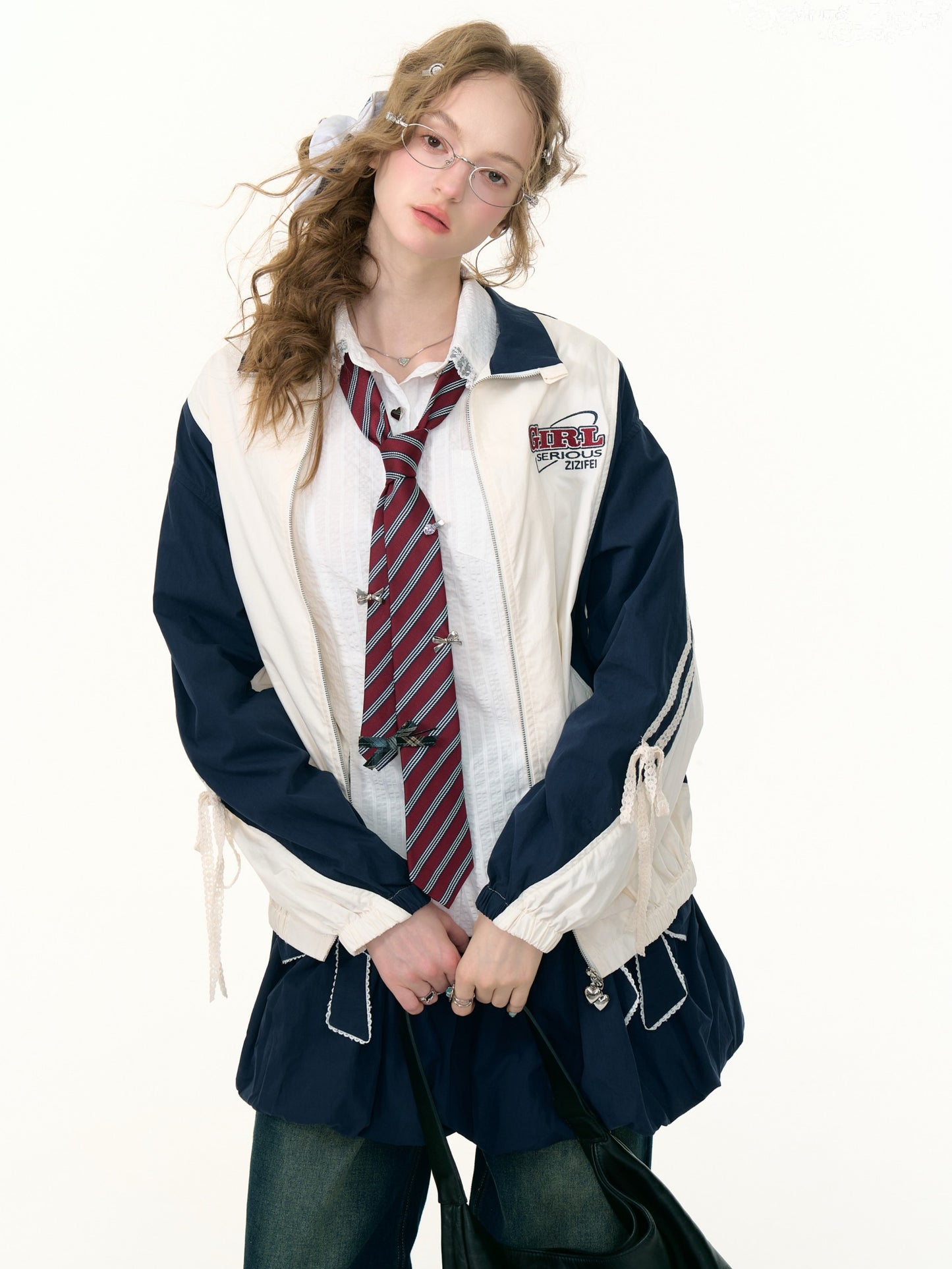 ZiziFei - Retro Zip-Up Jacket with Lace & Drawstring Details