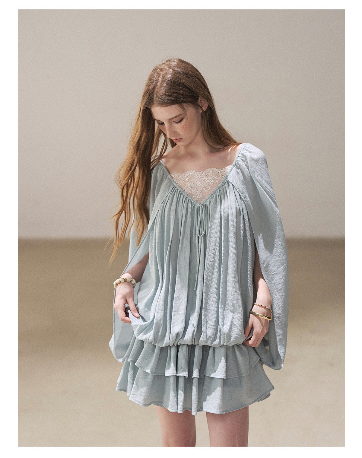 170726 "Falling Into Jacaranda Dreams" Misty Blue Lace Bubble Mini Dress with Shorts