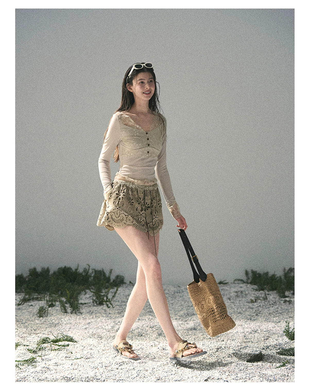 “Traces Left by the Wind” Ash Ivory Lace V-Neck Top