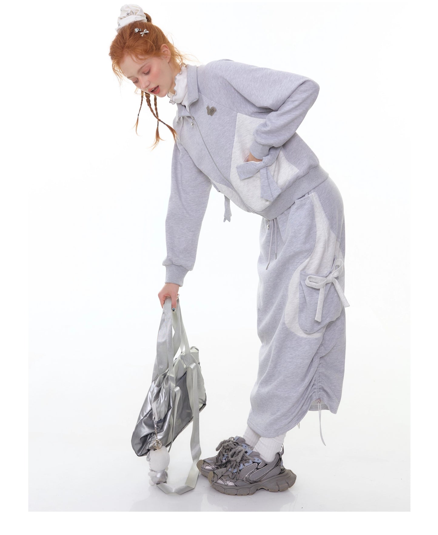 ZiziFei - Light Grey Zip-Up Bow Jacket – Soft Girl Athleisure