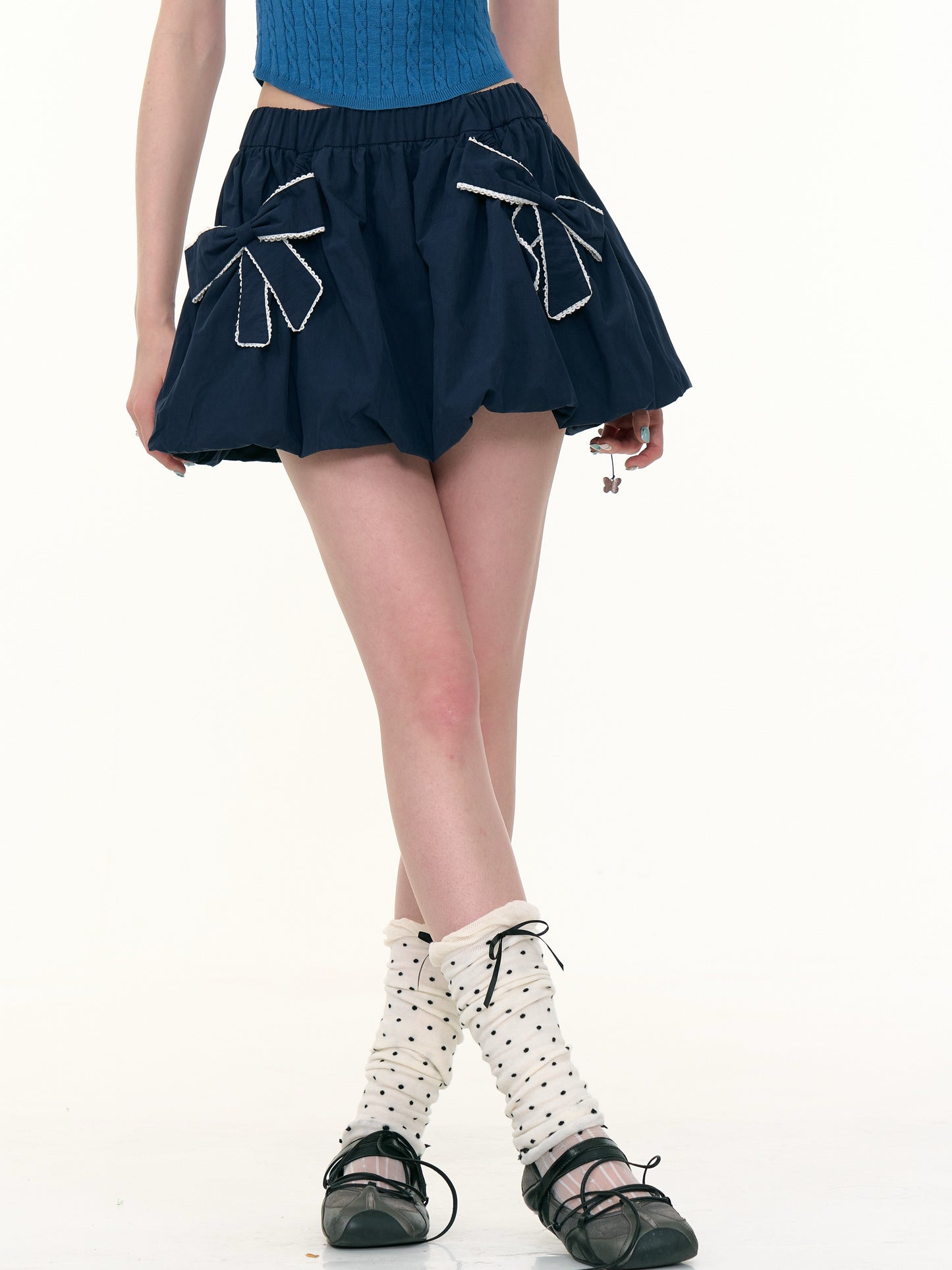 ZiziFei - Y2K High-Waisted Bubble Mini Skirt – Bow Detail A-Line Skirt in Green & Navy