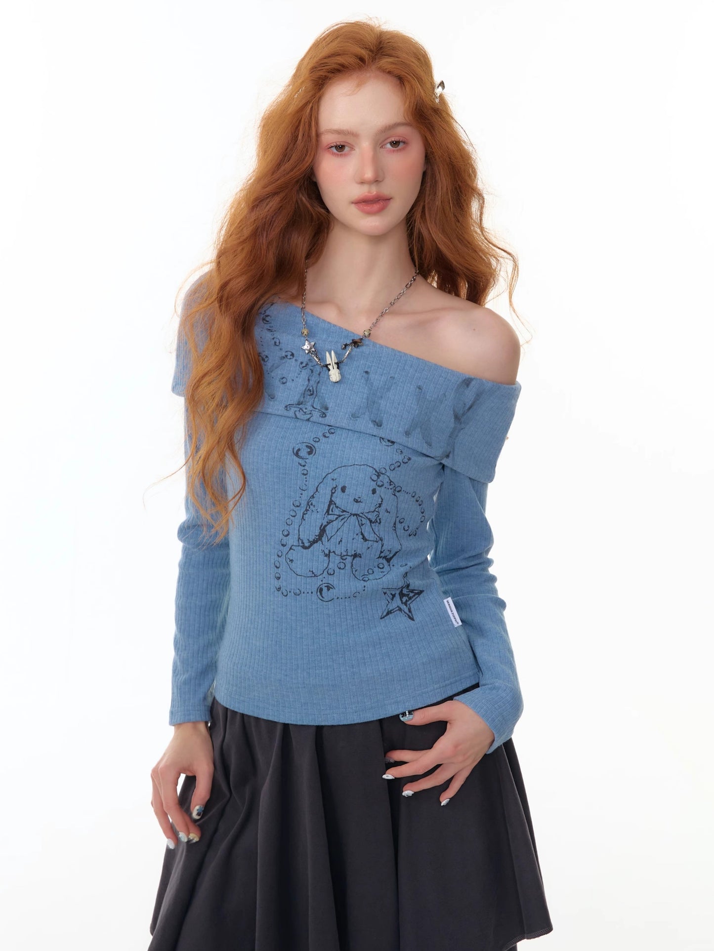 ZiziFei - Y2K Off-Shoulder Ribbed Knit Top – Lace-Up Foldover Sweater