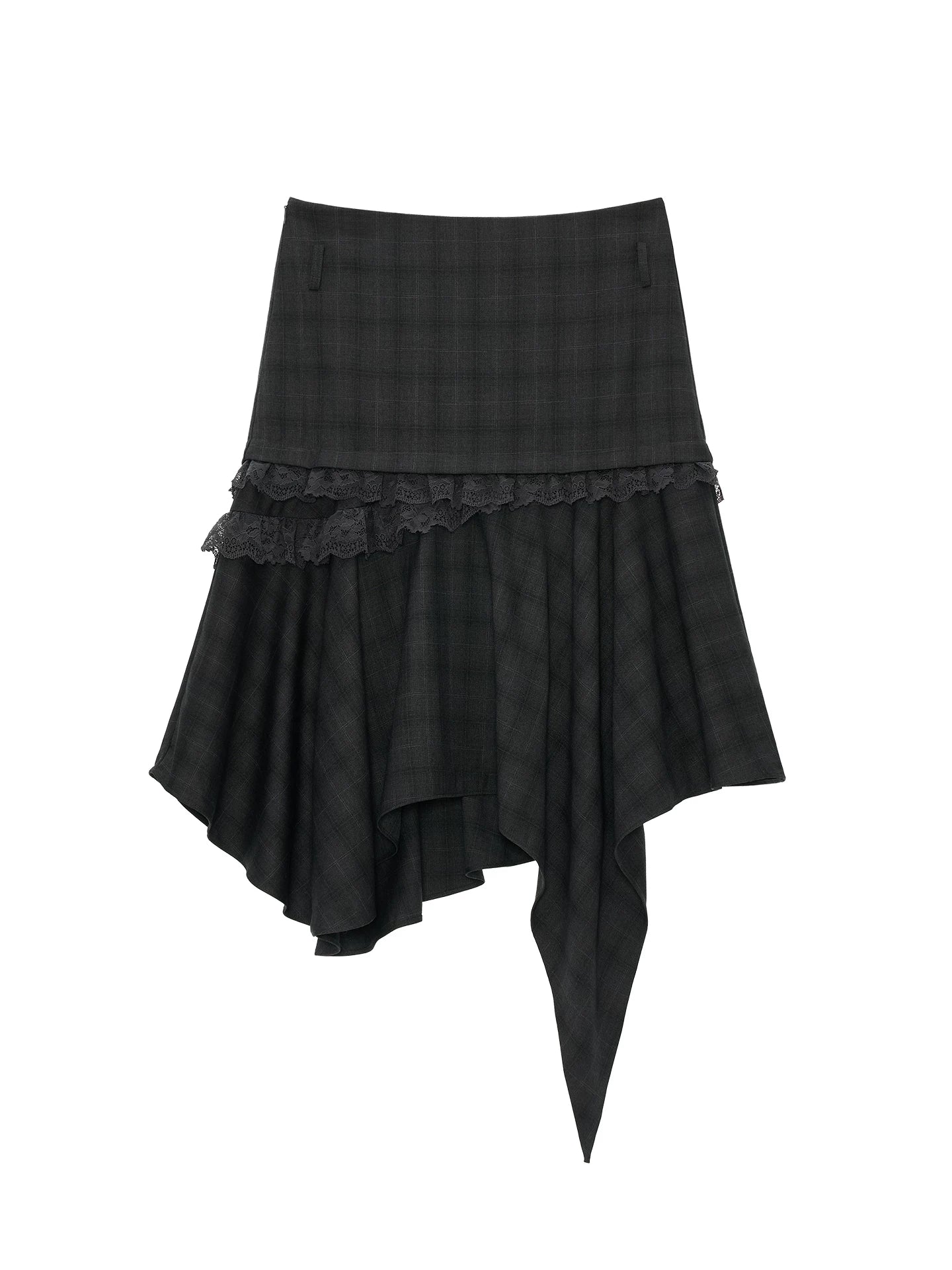 Grey Plaid Asymmetrical Lace Midi Skirt